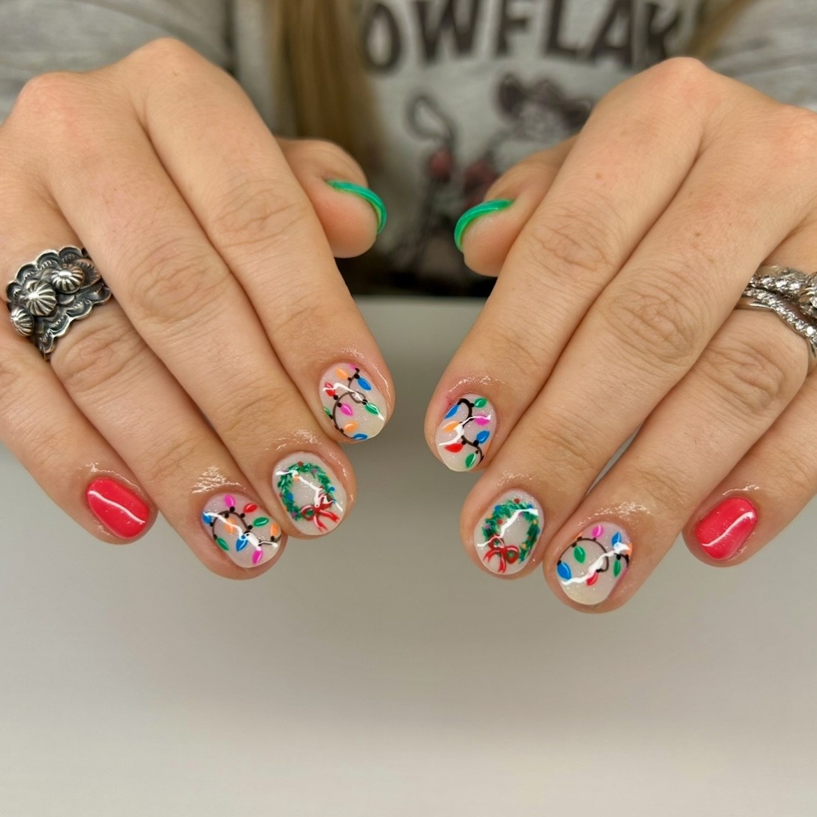 Festive Christmas Lights And Wreath Nail Art