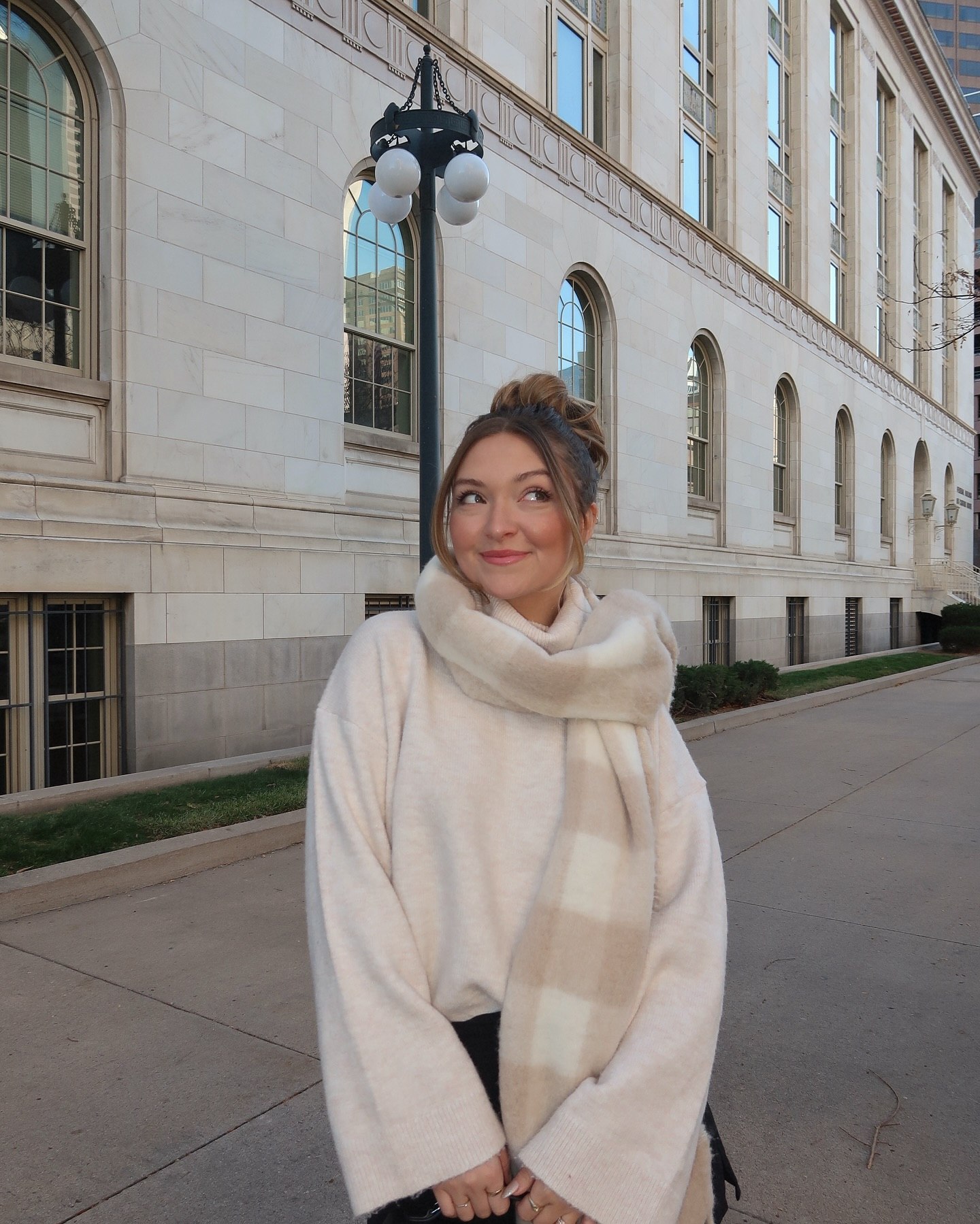 Cozy Cream Sweater And Plaid Scarf Outfit