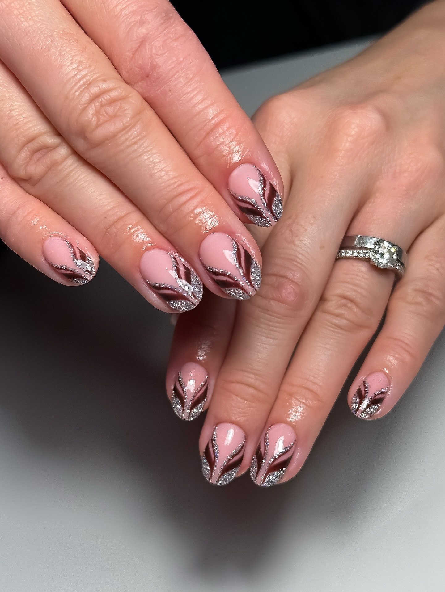 Neutral Pink Swirl French with Silver Glitter Accents