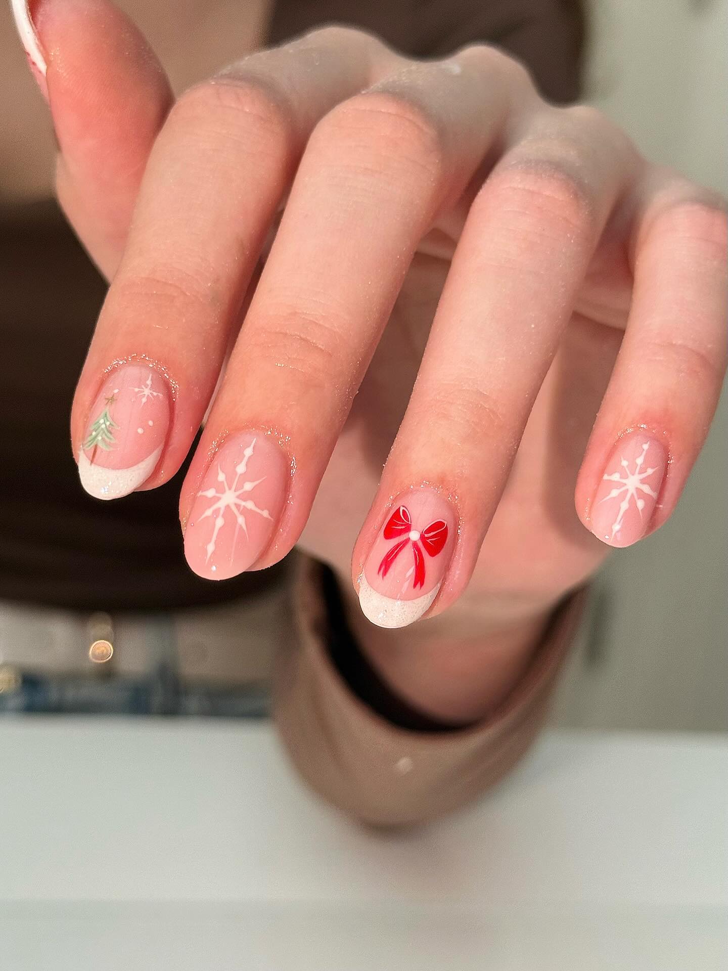 Festive French Tips with Bows and Snowflakes