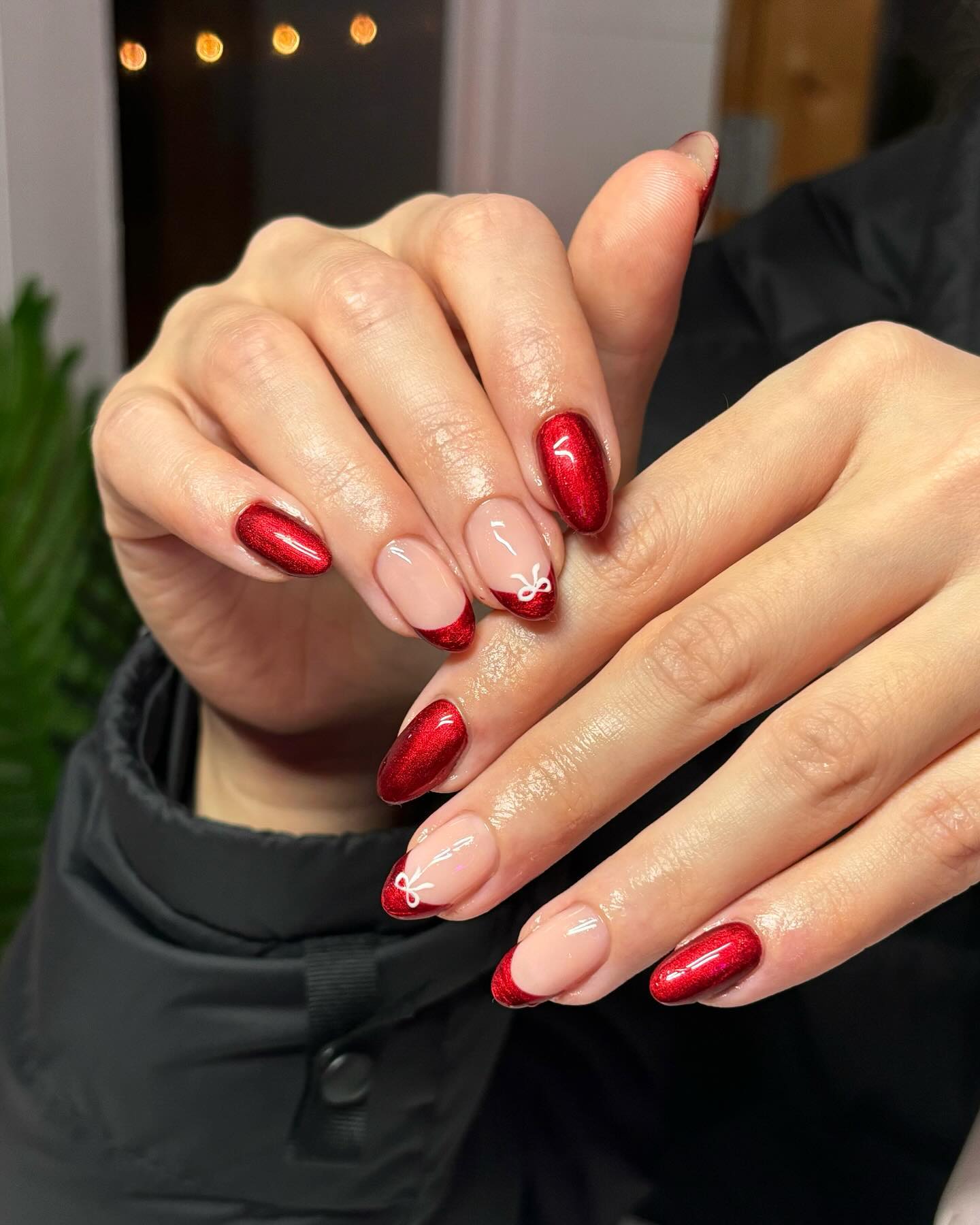 Glitter Red French Tips with White Bows