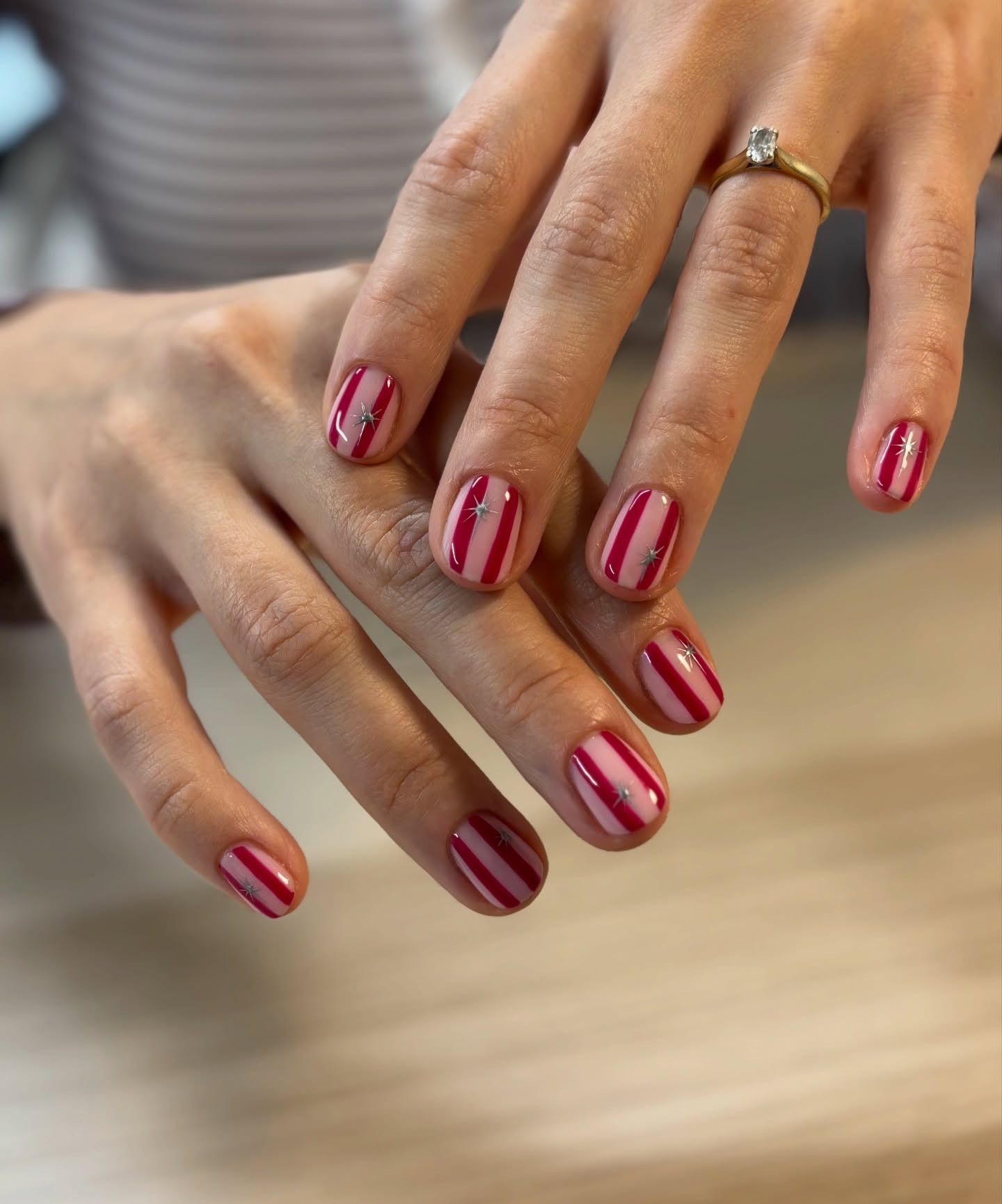 Glossy Red Striped Short Squoval Nails