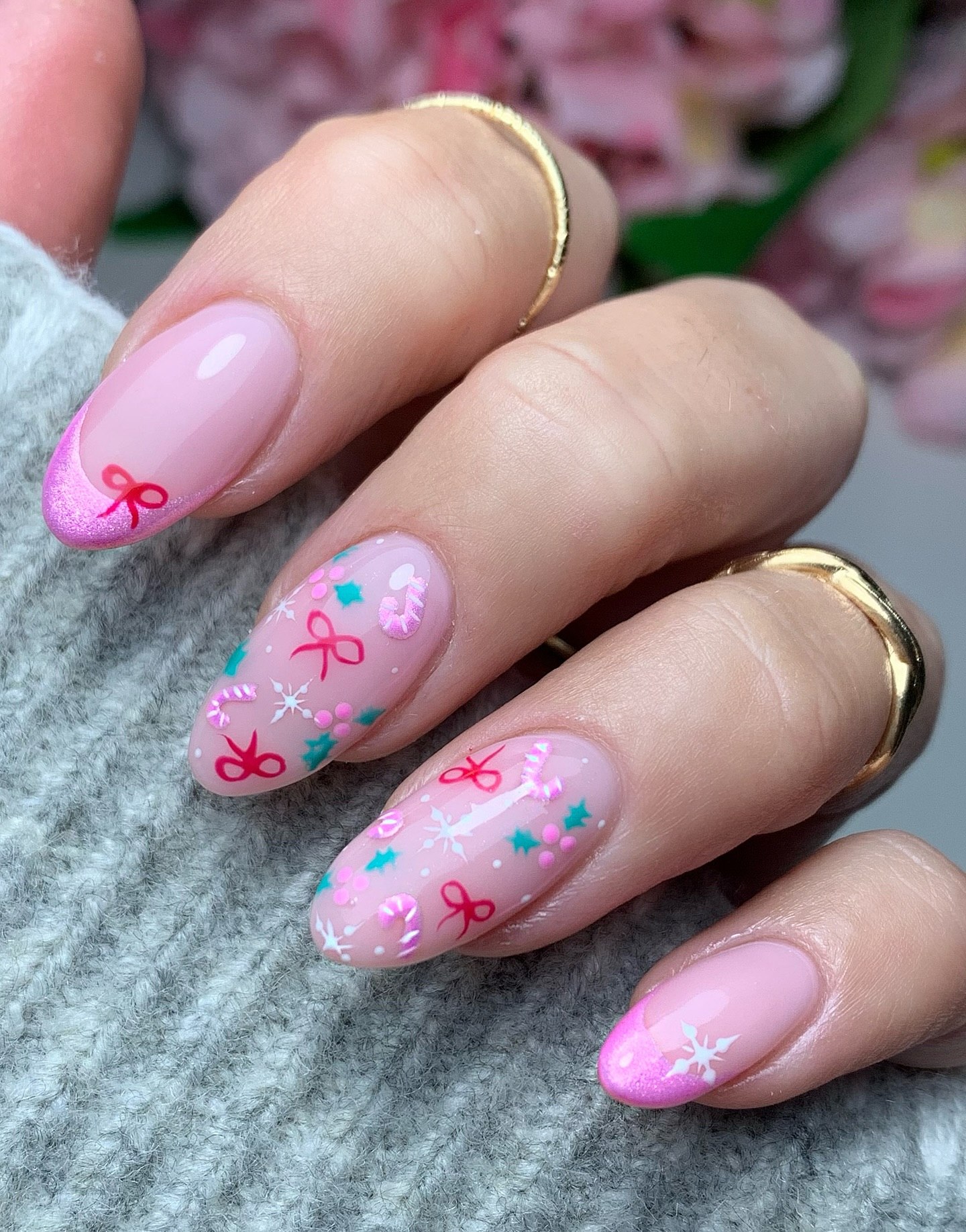 Festive Pink Bows And Glitter Almond French Tips