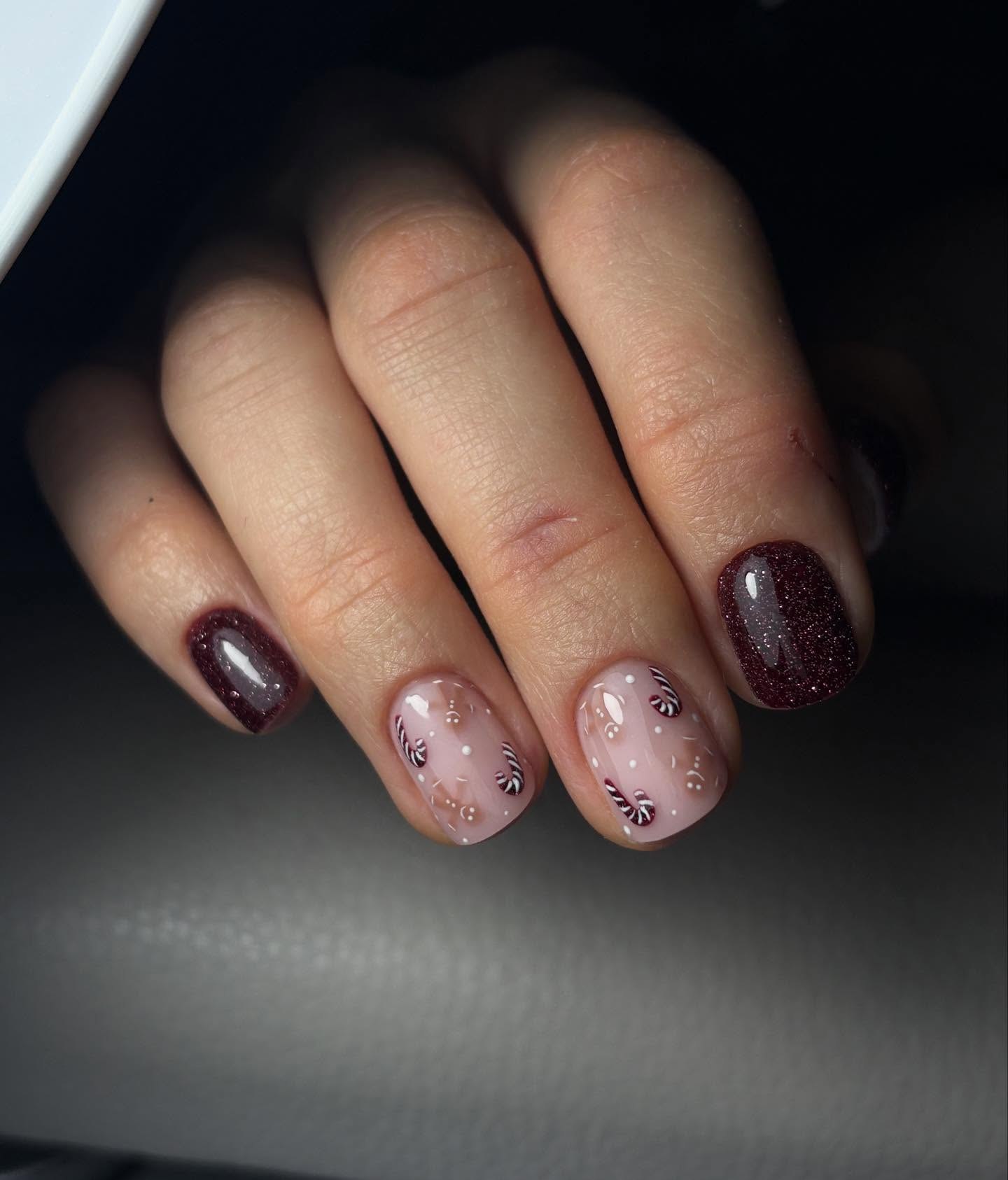Festive Candy Cane Accent Short Squoval Nails