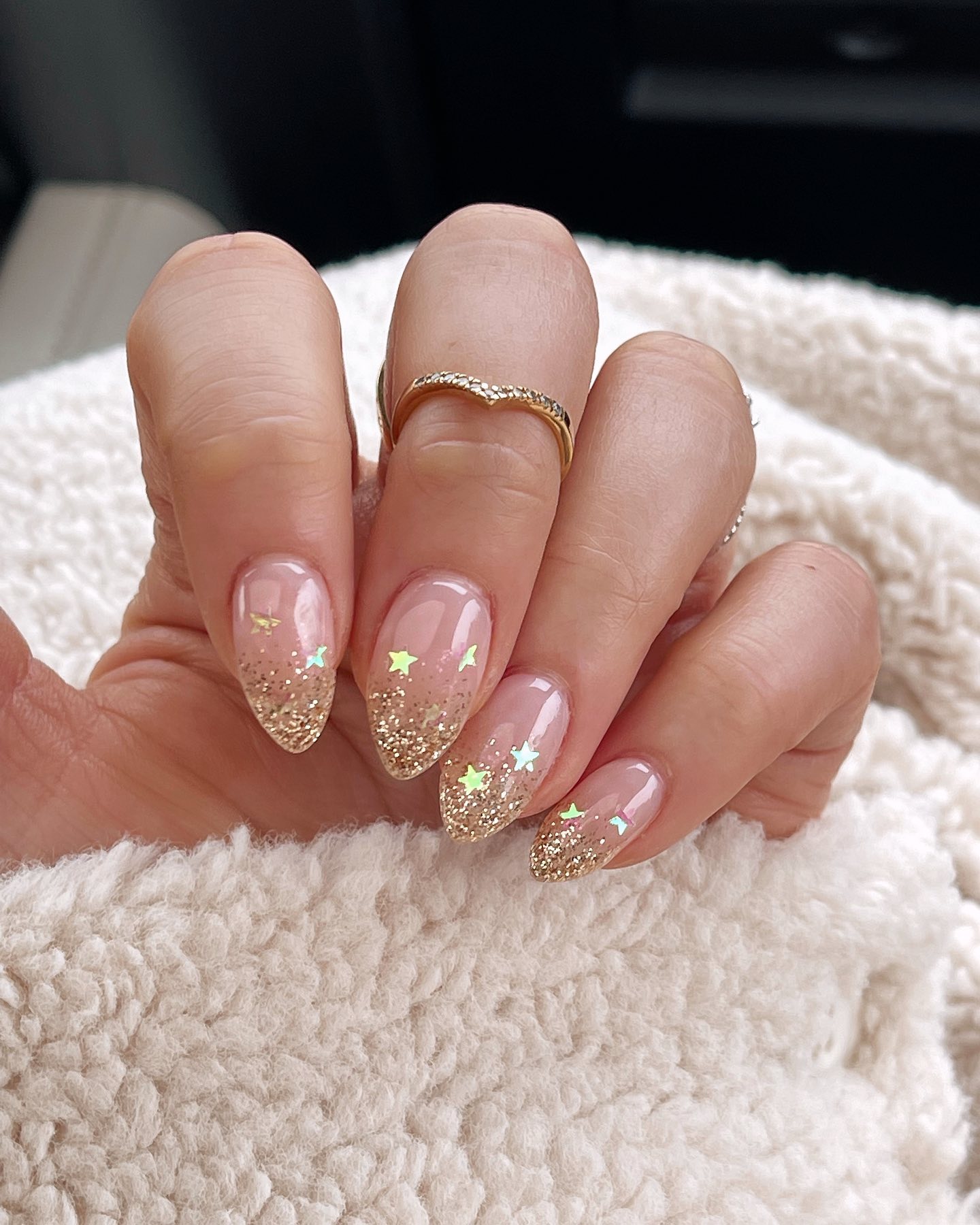 Gold Glitter Ombre Almond Nails With Holographic Stars