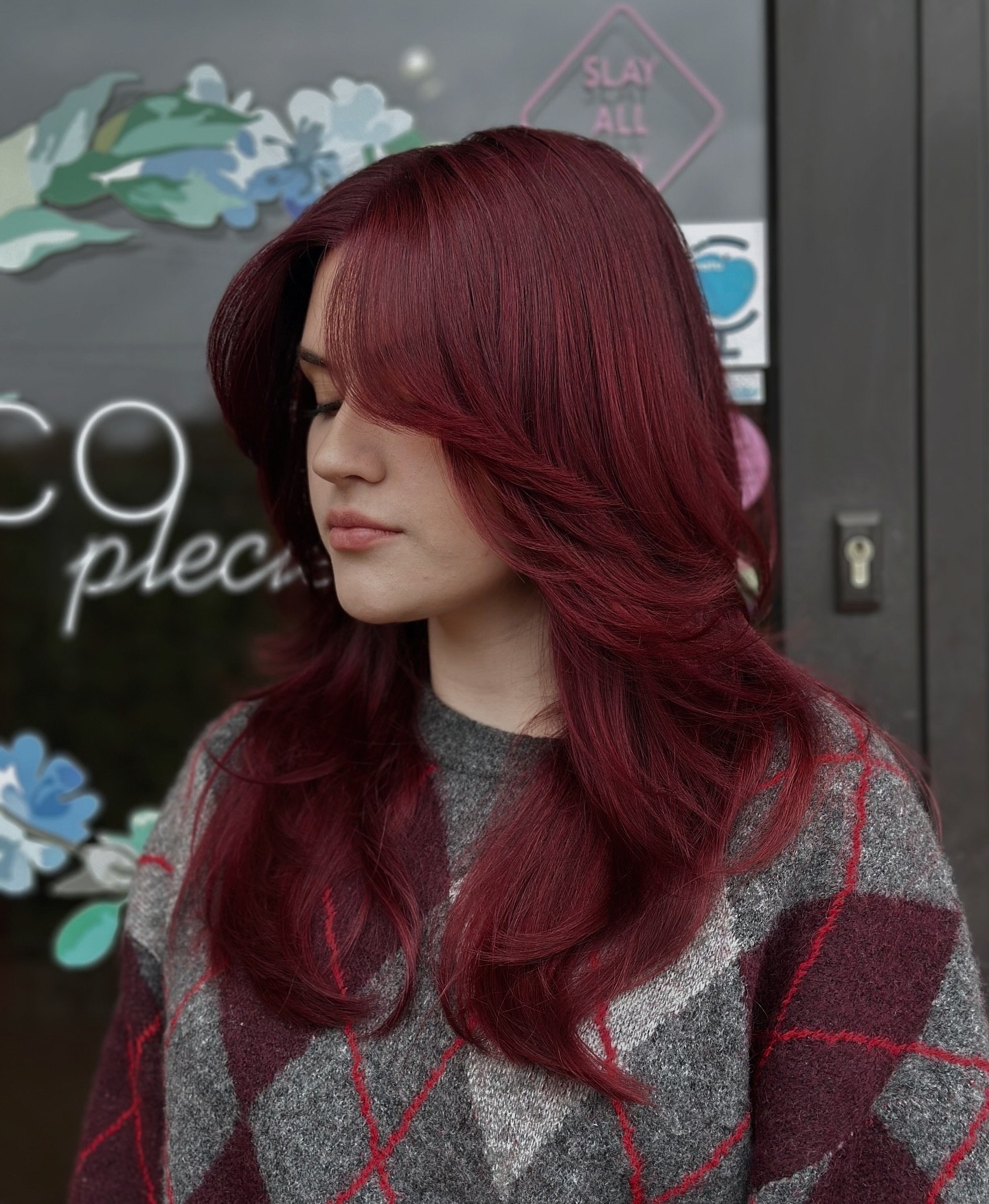 Deep Cherry Cola Layers With Face-Framing Bangs