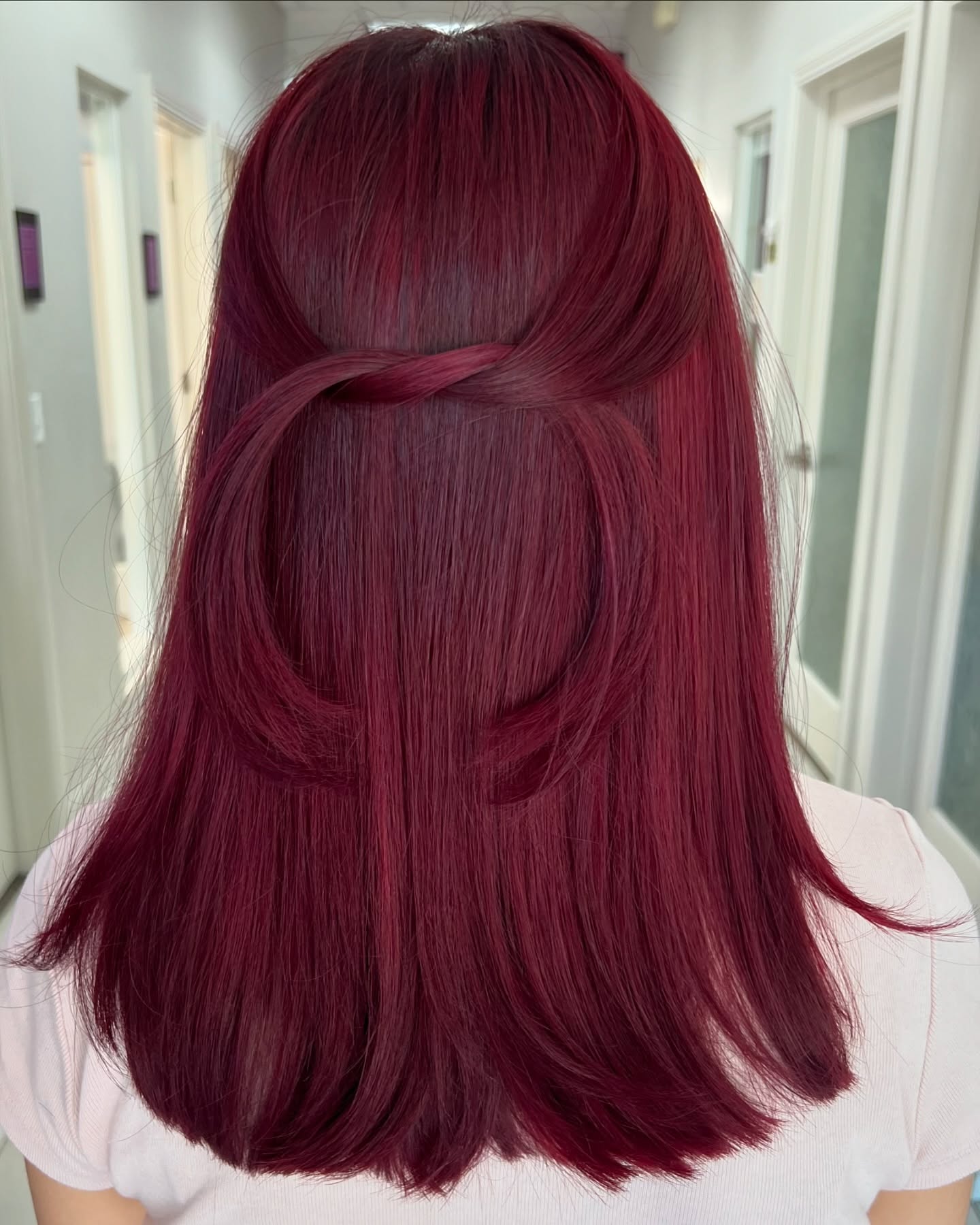 Deep Cherry Red Half-Up Twist With Layers