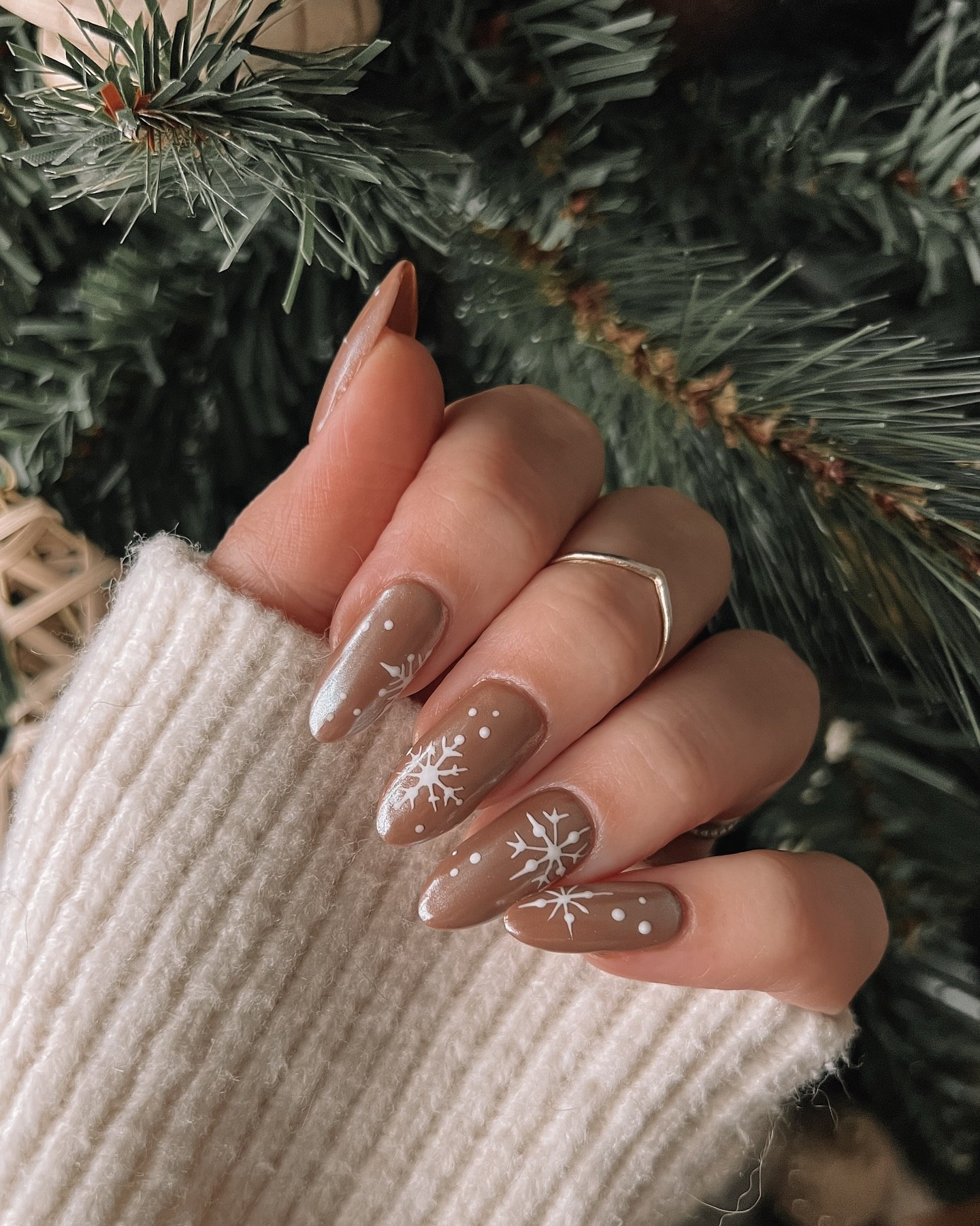 Brown Snowflake Almond Nails