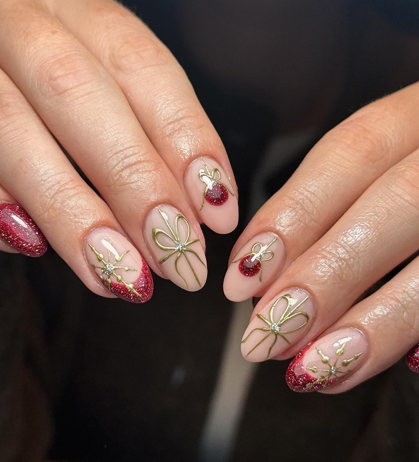 Gold Bow and Glitter Red Christmas Ornament Nails
