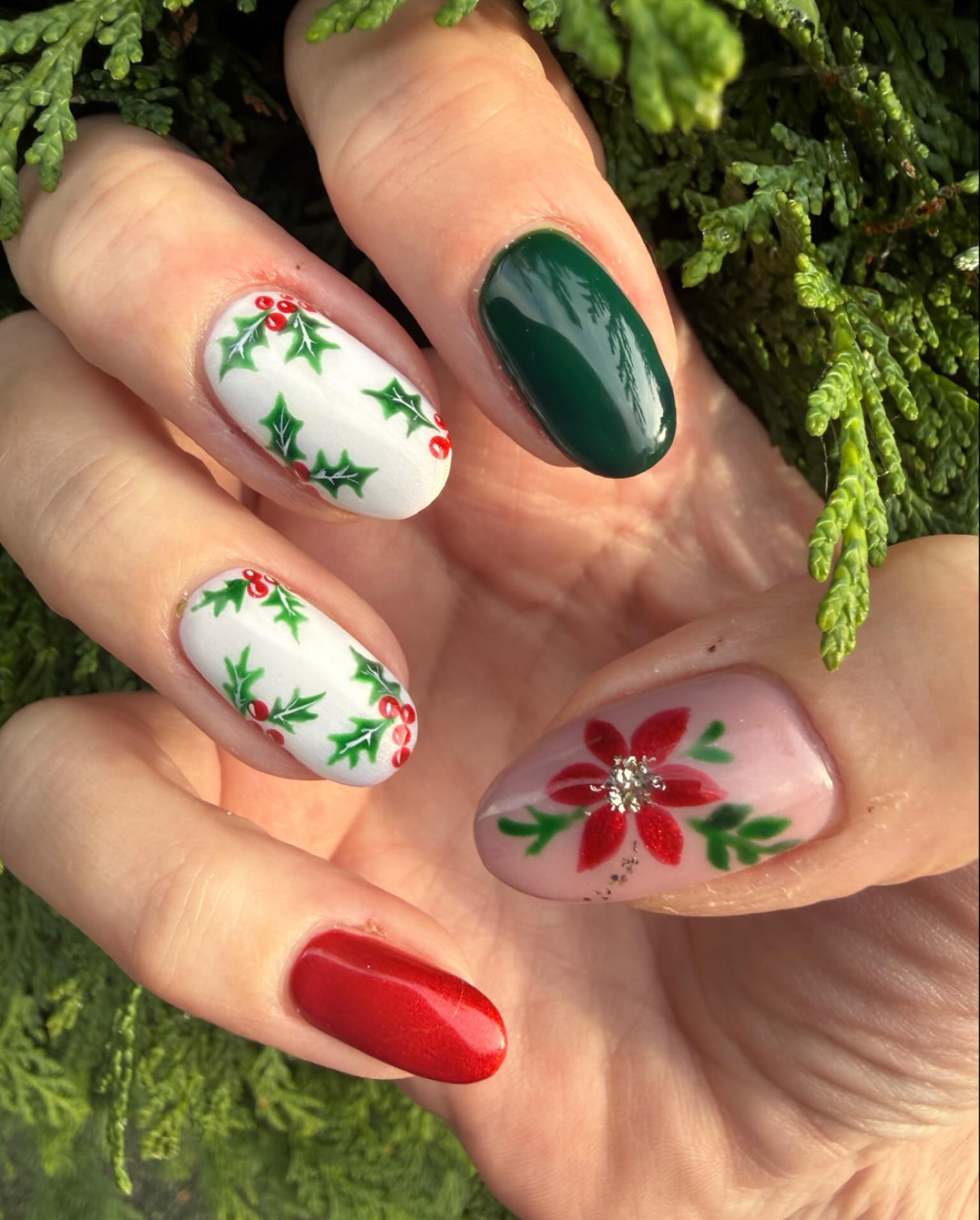 Classic Christmas Poinsettia and Holly Nails