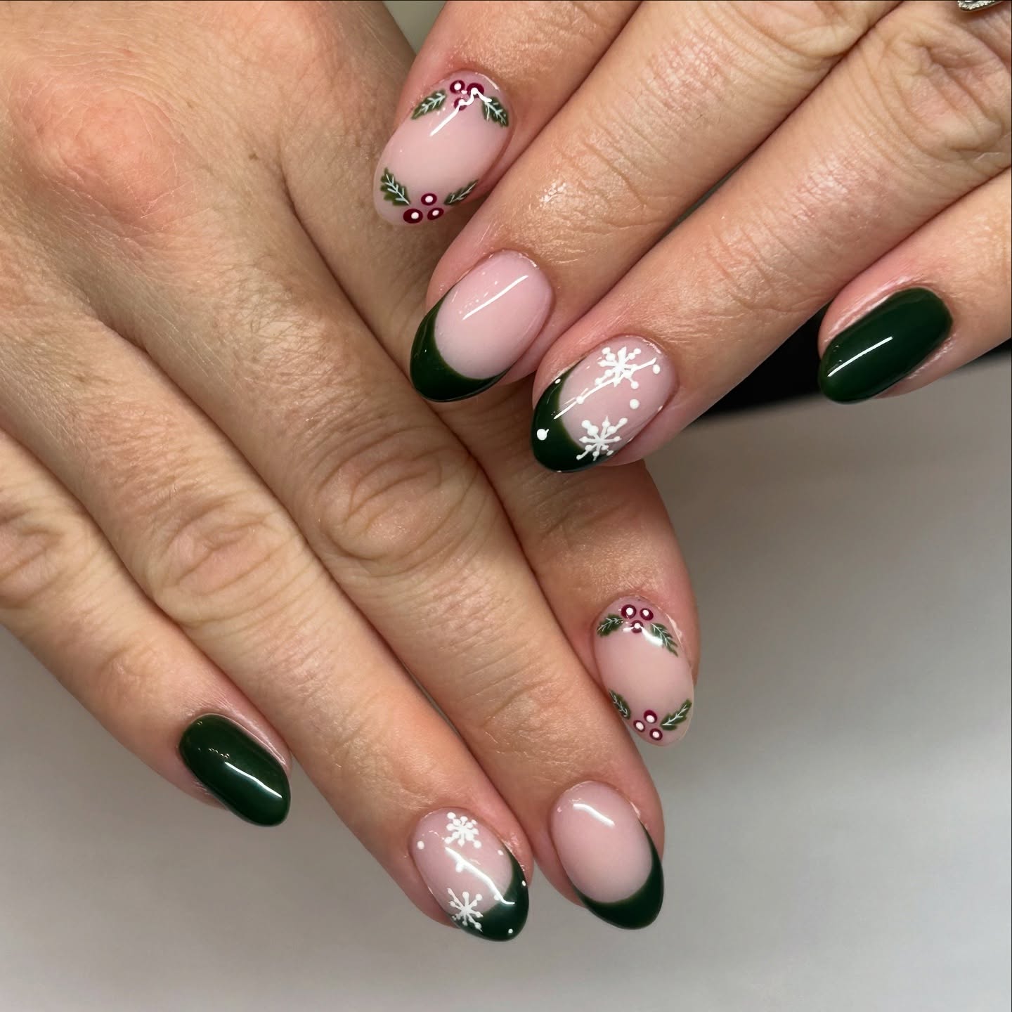 Emerald French Tips with Holly and Snowflakes