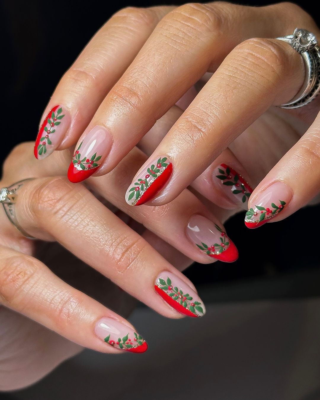Classic Christmas French Tips With Holly Art