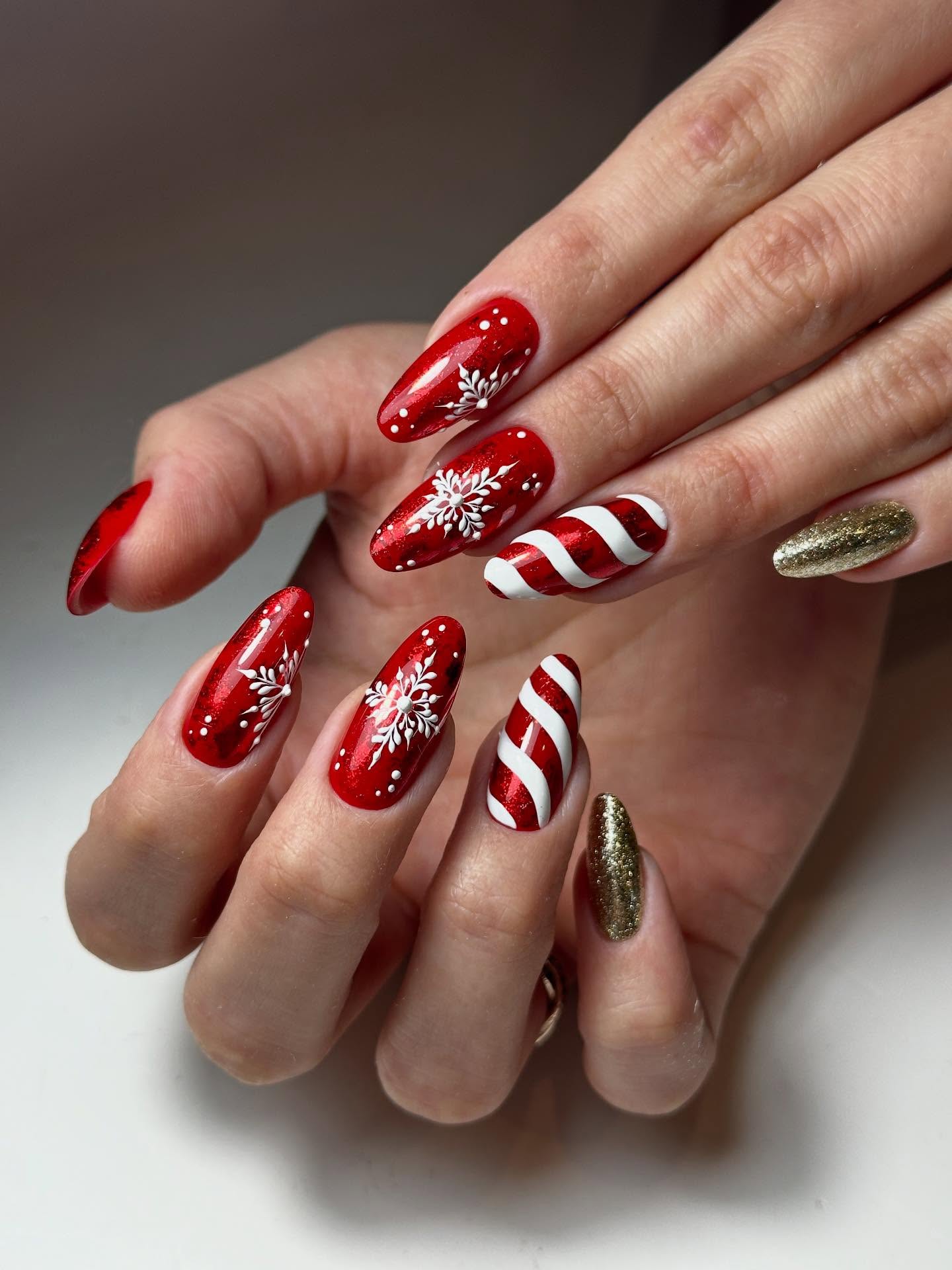 Festive Red & White Snowflake Candy Cane Nails