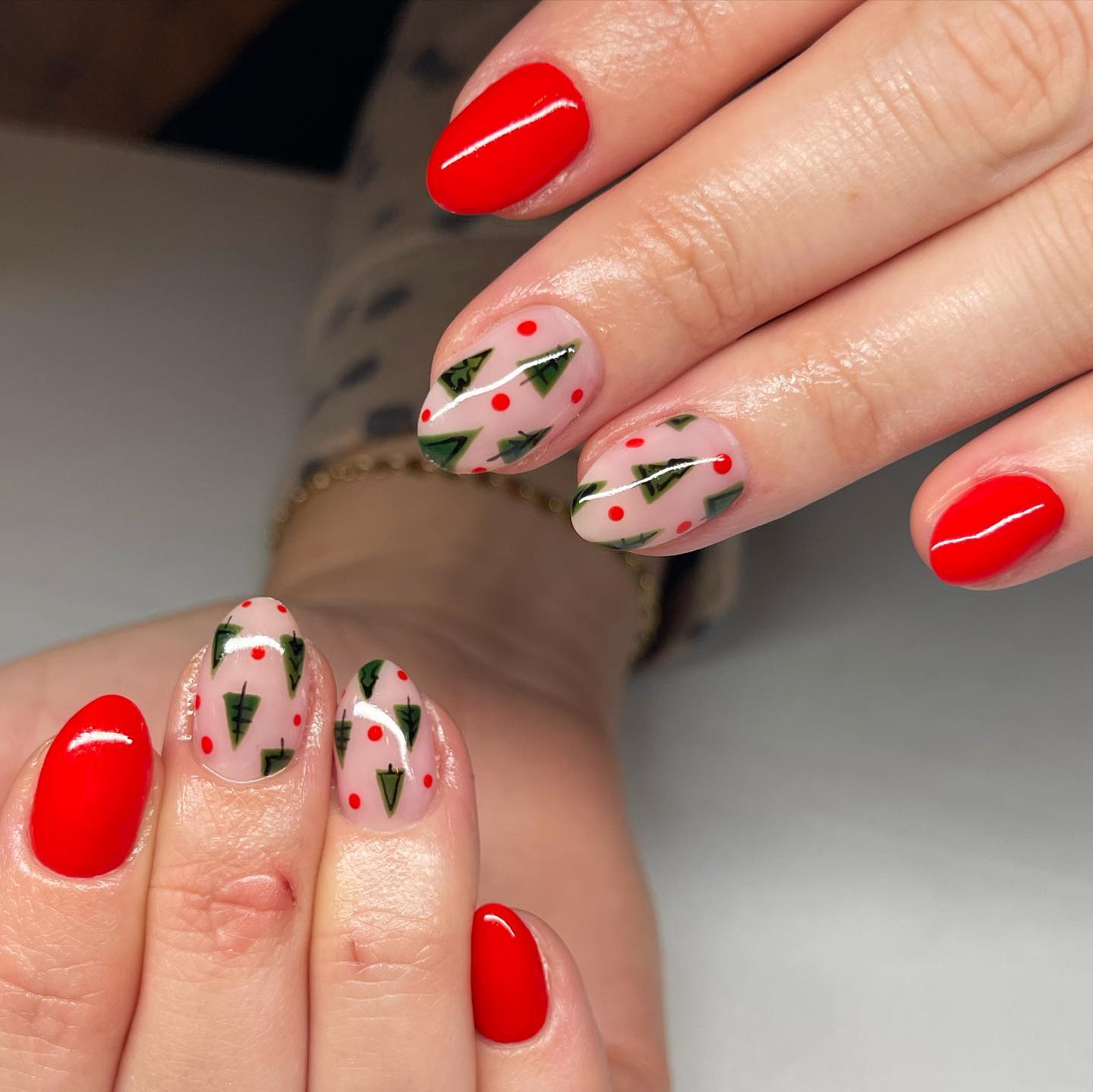 Festive Red French Tip Christmas Tree Accent Nails