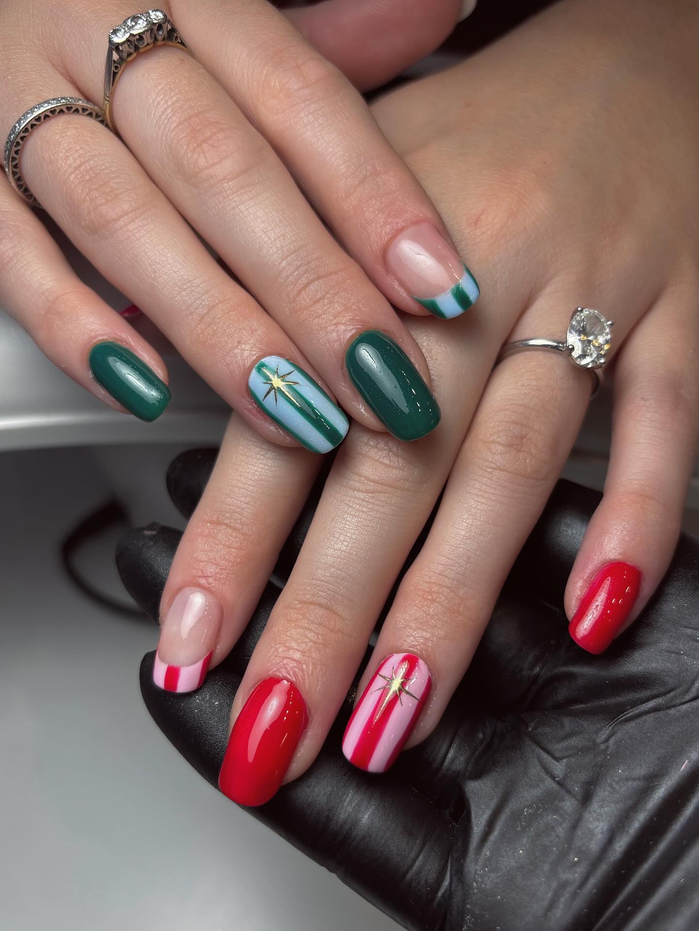 Festive Green And Red Striped Star French Tips
