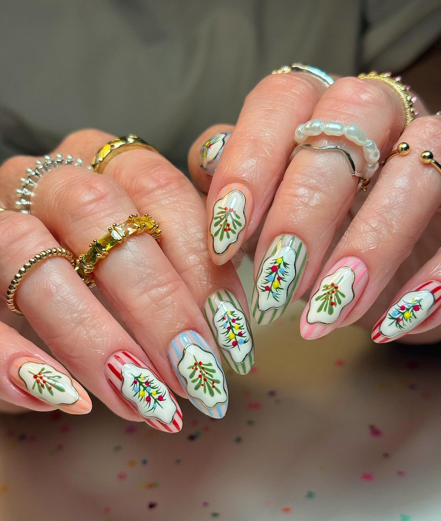 Whimsical Christmas Tree and Holly Oval Nails