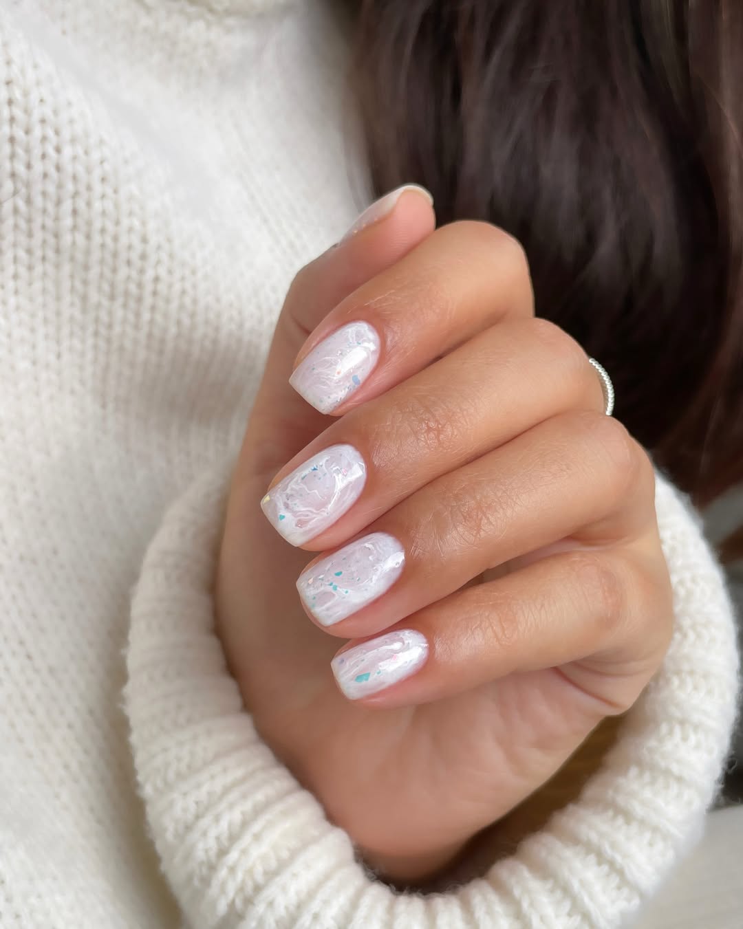 Milky White Marbled Short Squoval Nails