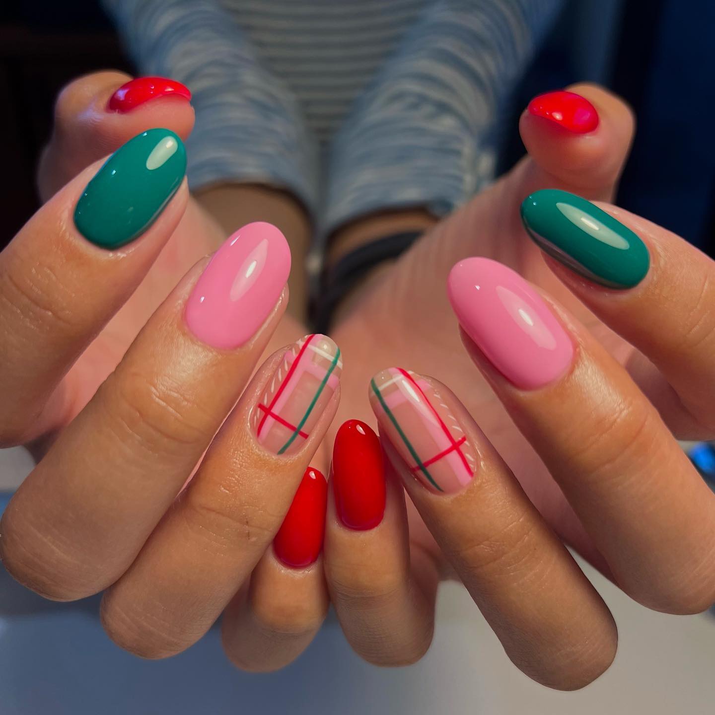 Pink Green Red Plaid Oval Gel Nails