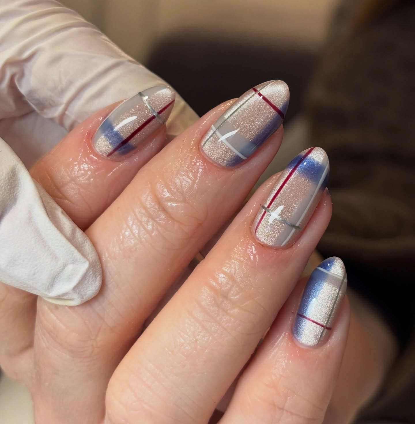 Cozy Plaid Shimmer Almond Nails