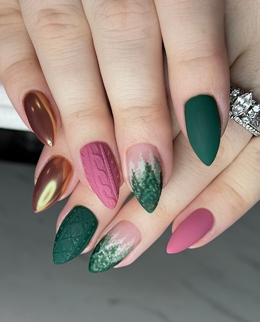 Cozy Winter Forest Cable Knit Almond Nails