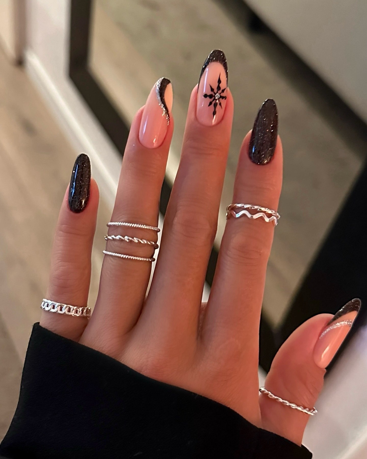 Sparkling Black and Nude French Tips with Snowflake Art
