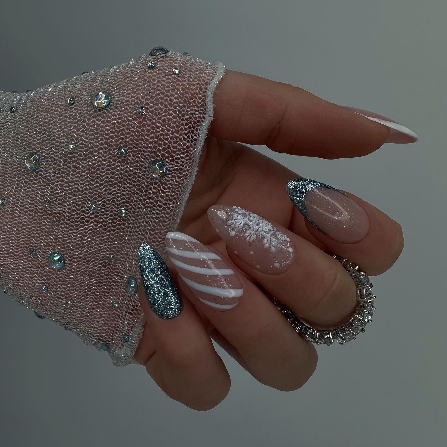 Winter Snowflake French Ombre Almond Nails