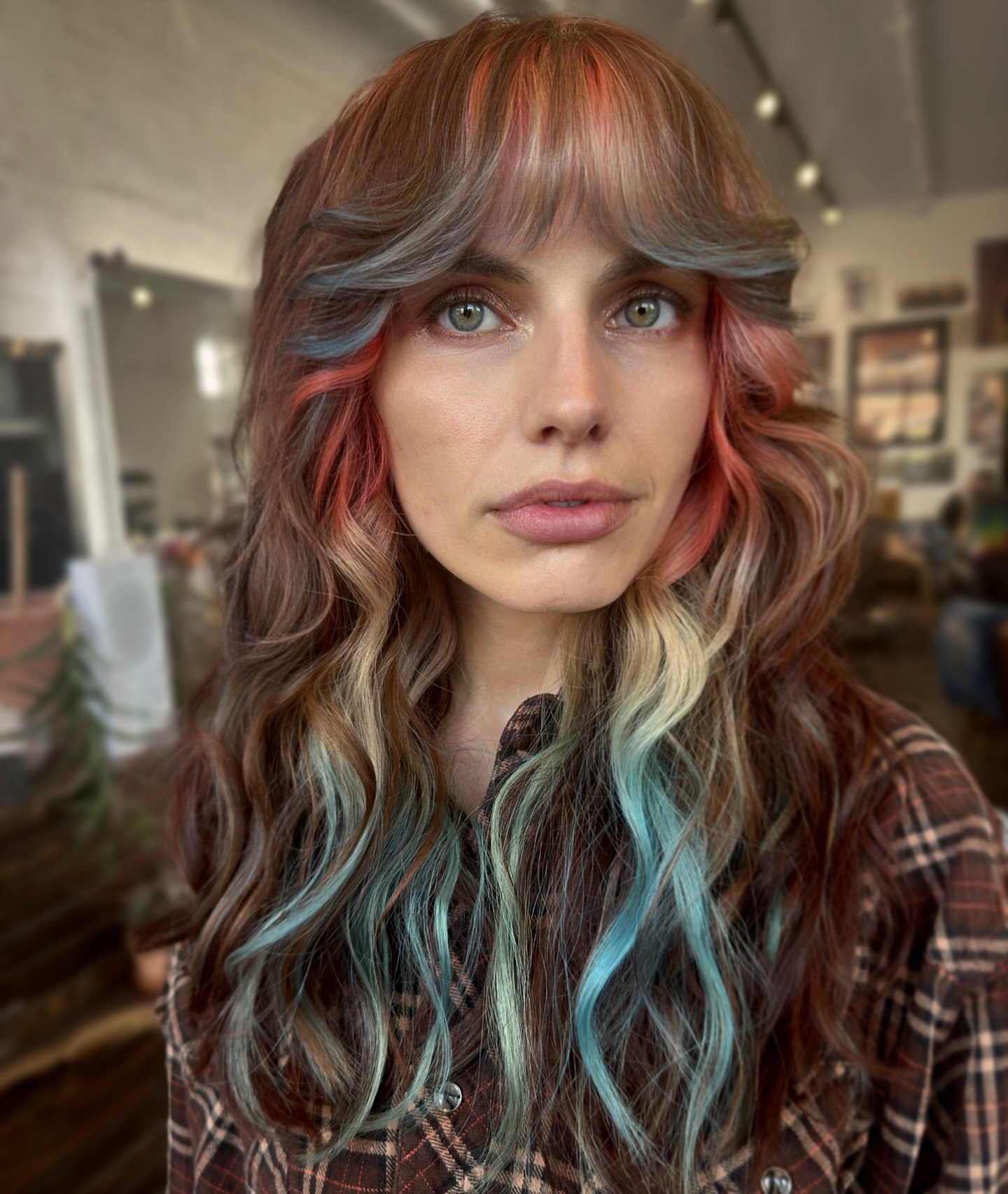Retro Vibes Copper Lob With Teal & Coral Highlights