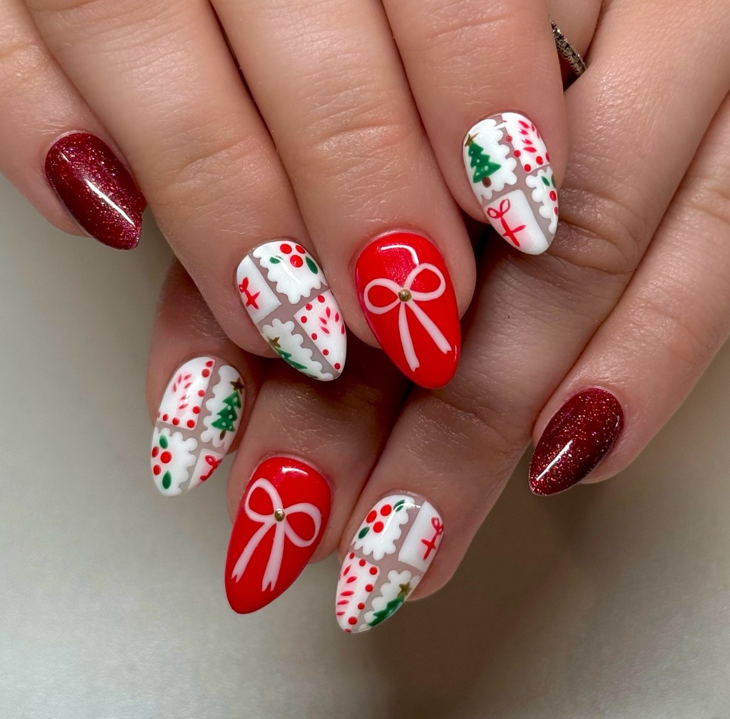 Festive Christmas Gift Box and Tree Almond Nails