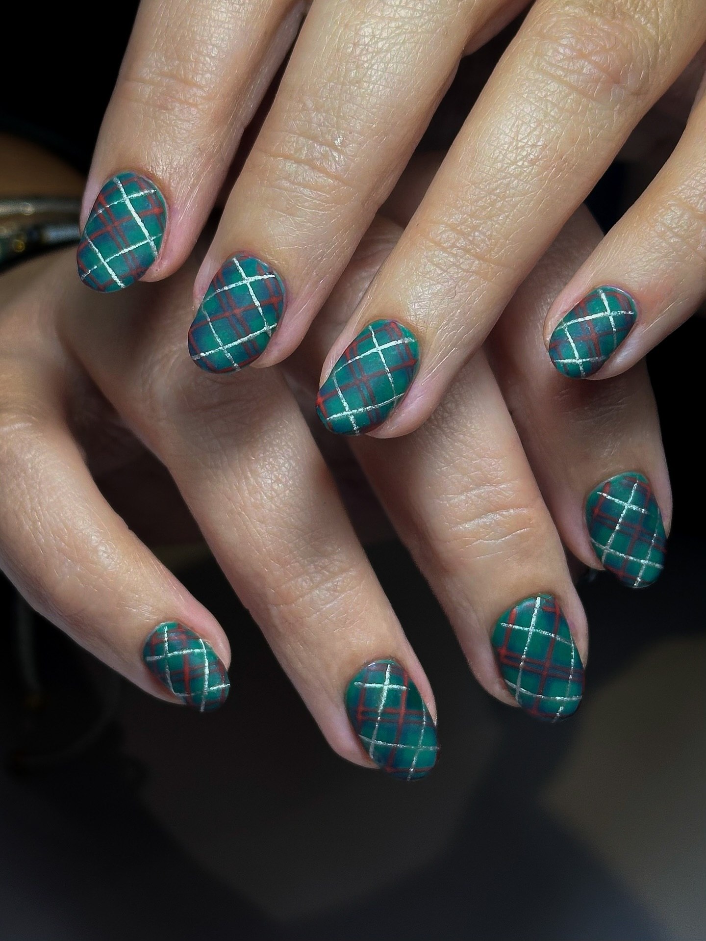 Emerald Plaid Matte Nails with Silver Lines