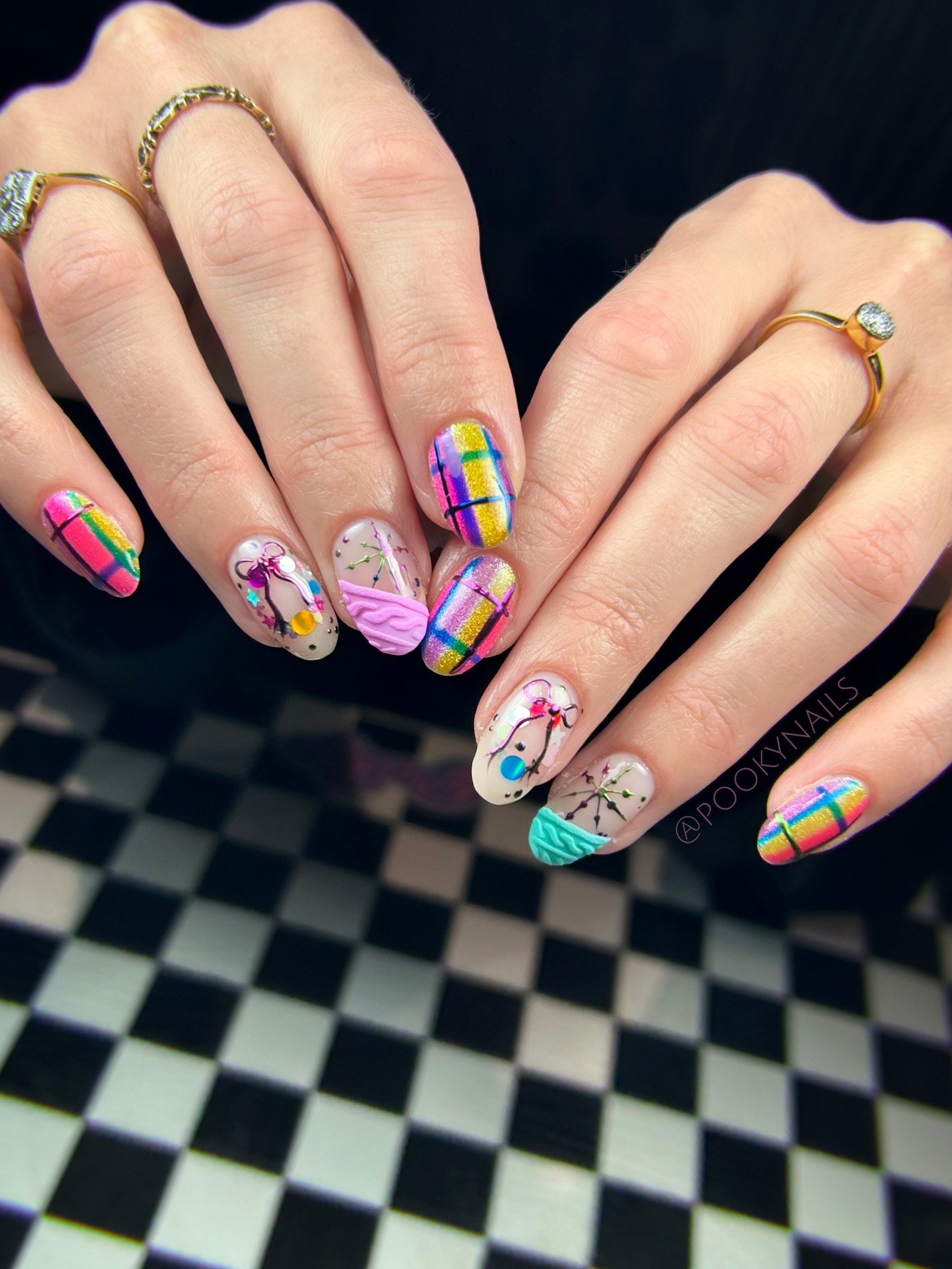 Whimsical Plaid and Bowtie Christmas Nails