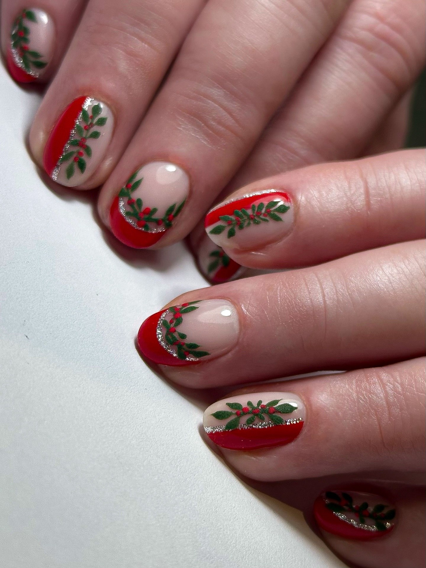 Festive Holly Berry French Tip Nails