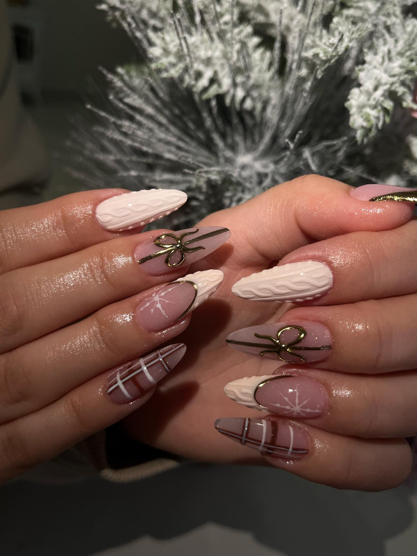 Cozy Cream Cable Knit & Plaid Almond Nails
