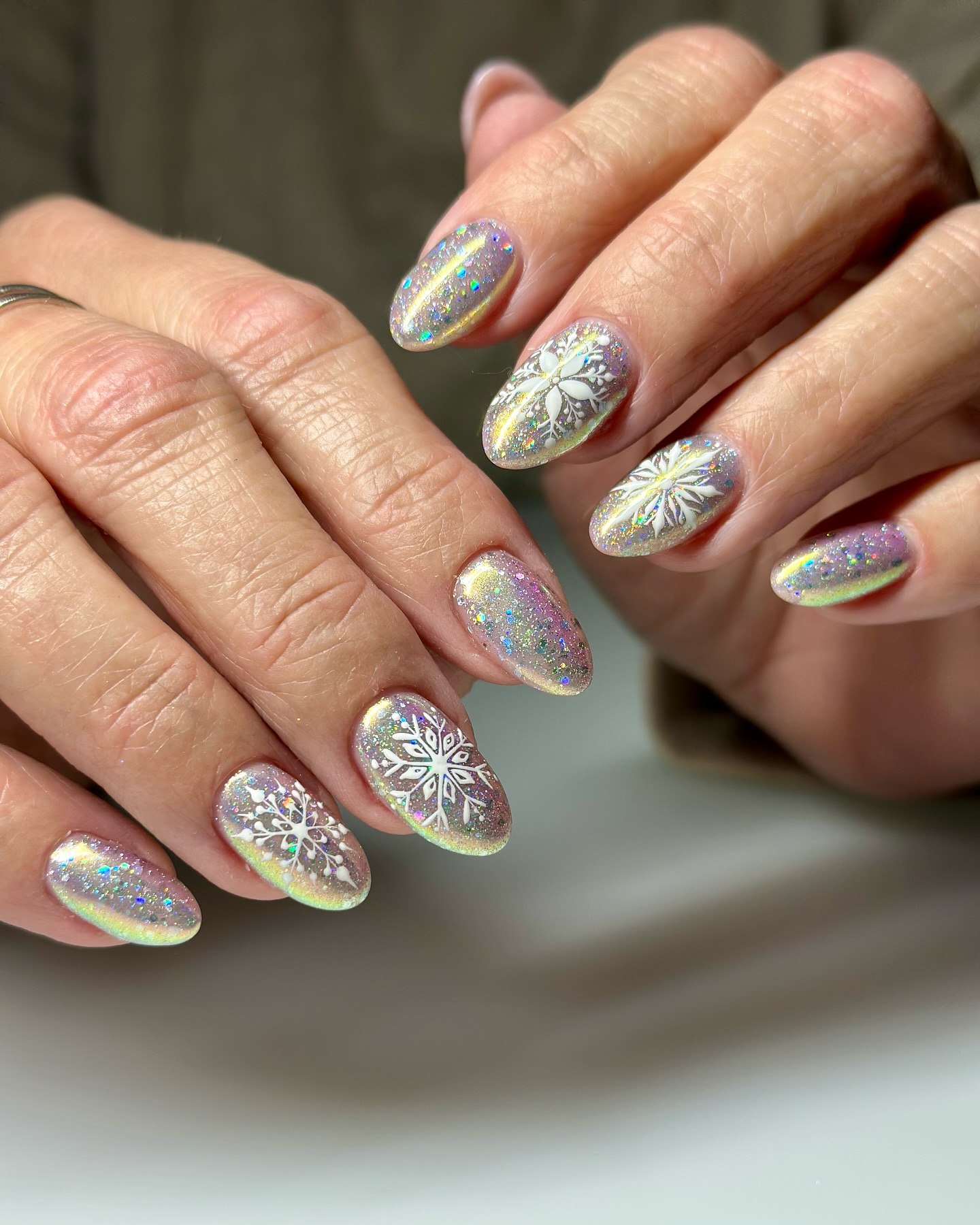 Holographic Snowflake Oval Nails