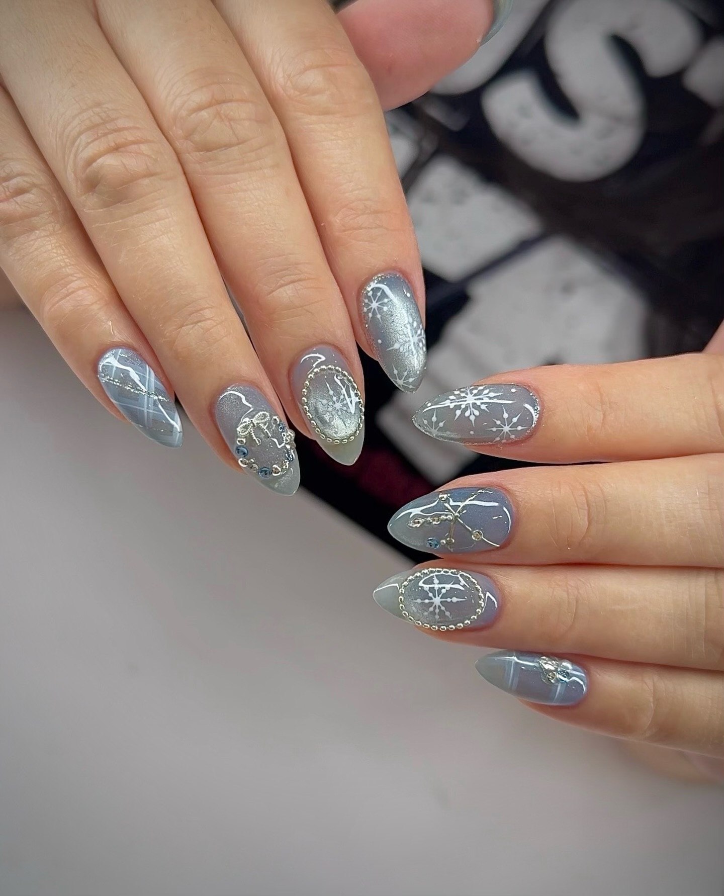 Winter Snowflake Ombre Almond Nails With Charms