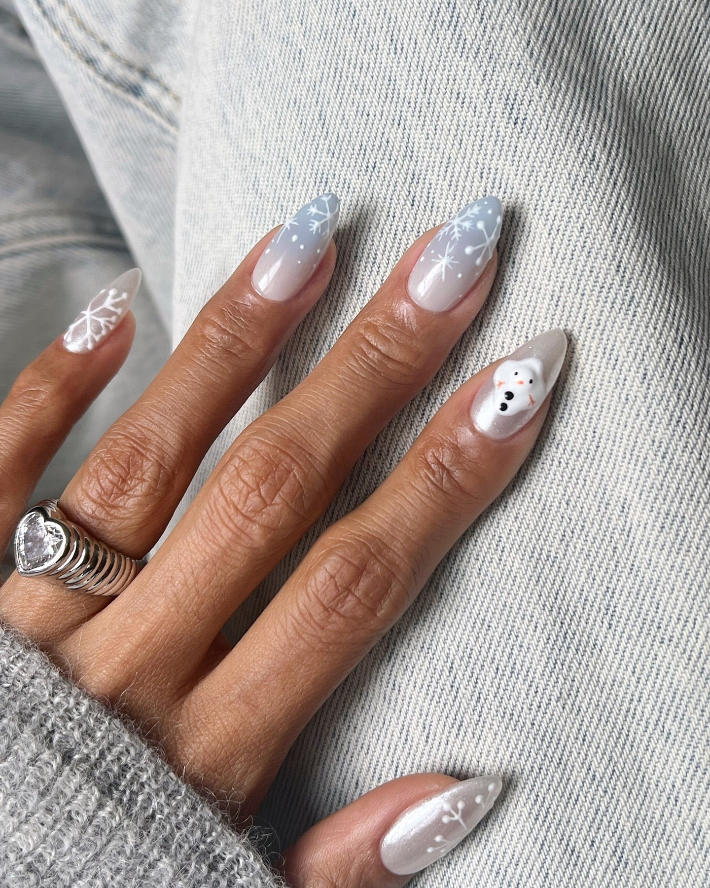 Snowman and Snowflake Winter Ombre Almond Nails