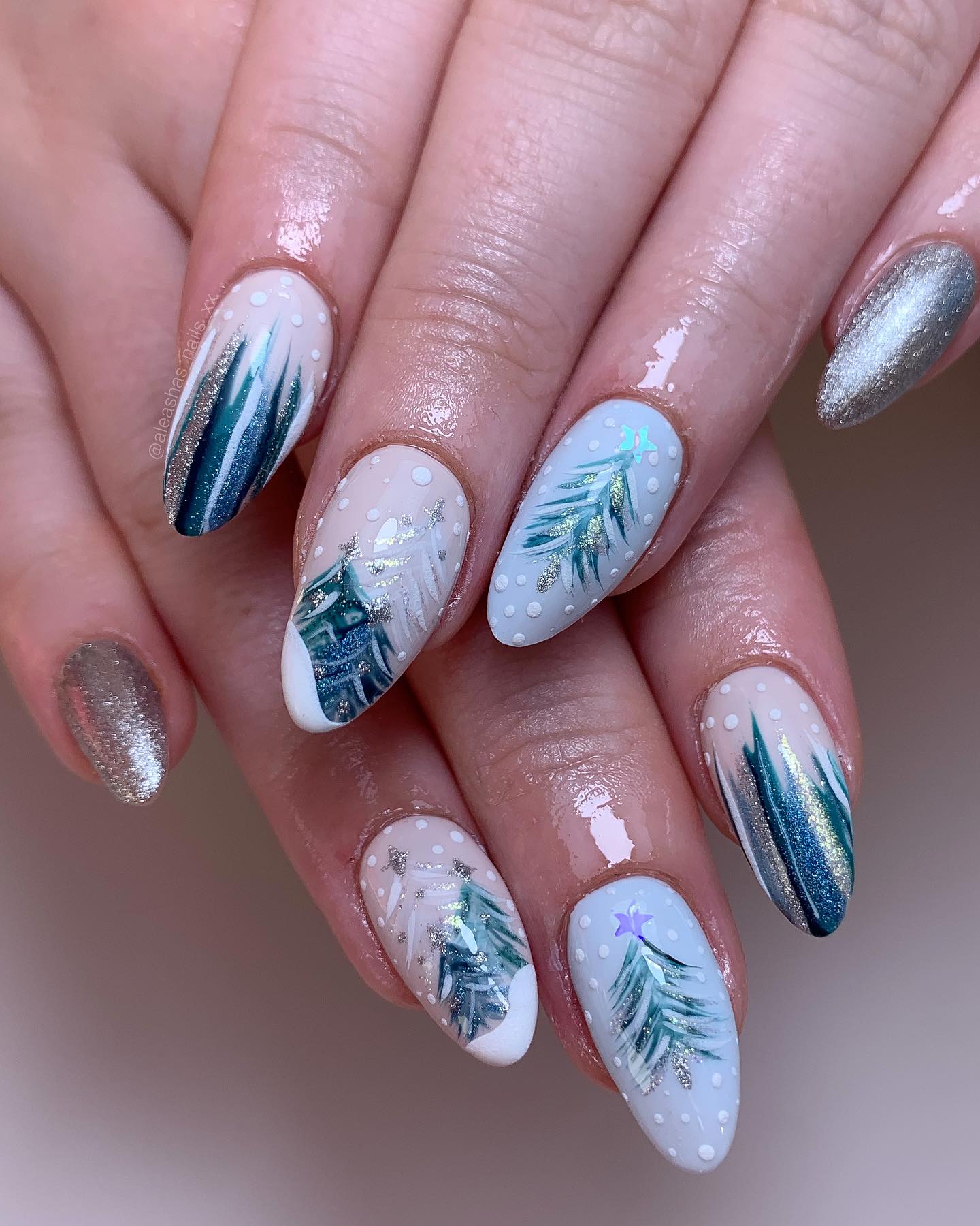 Enchanted Forest Christmas Tree Almond Nails