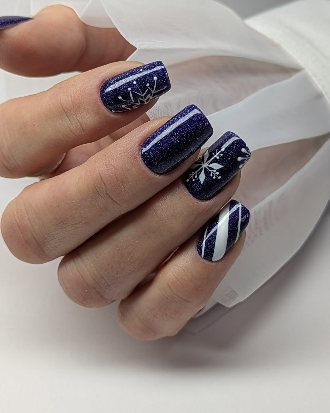 Sparkling Navy Snowflake Square Nails