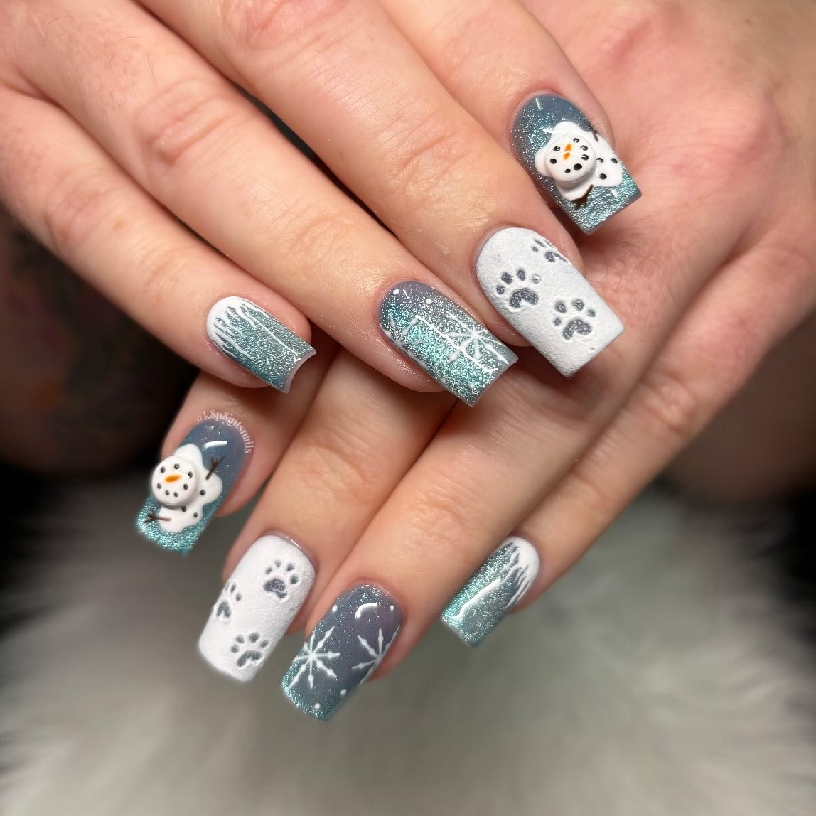 Snowman & Paw Print Winter Wonderland Square Nails