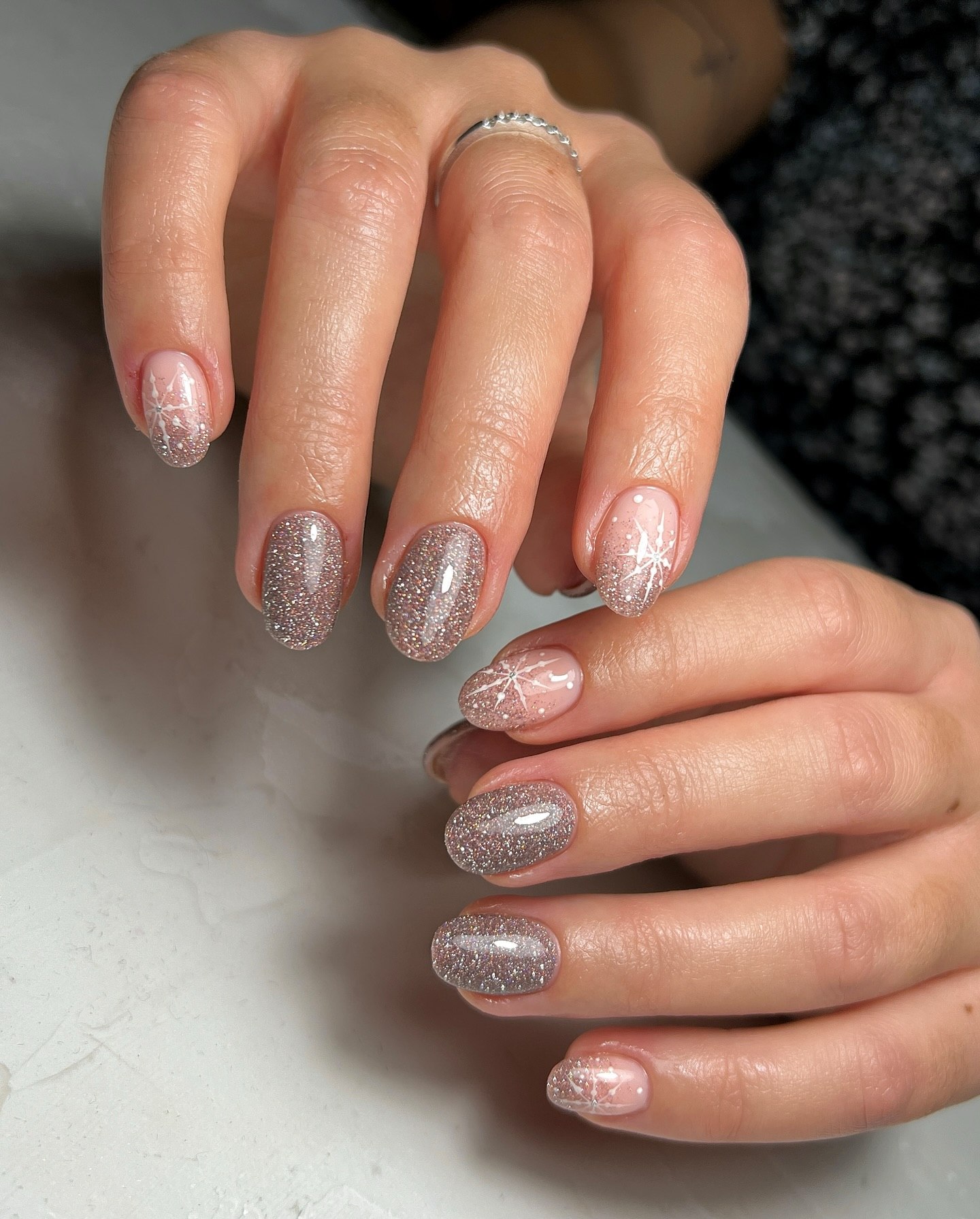 Rose Gold Glitter Snowflake Oval Nails