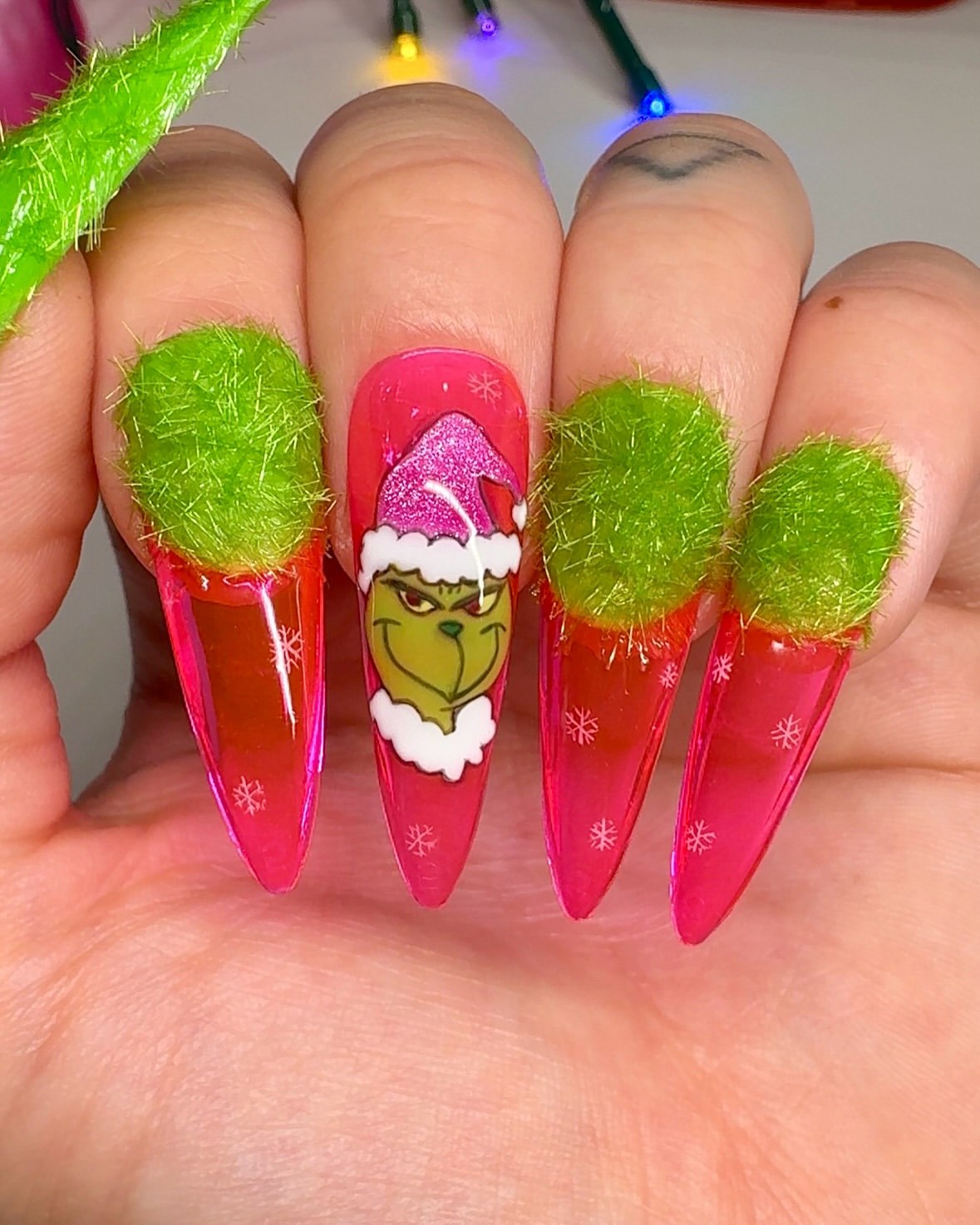 Grinch Christmas Stiletto Nails with Furry Accents