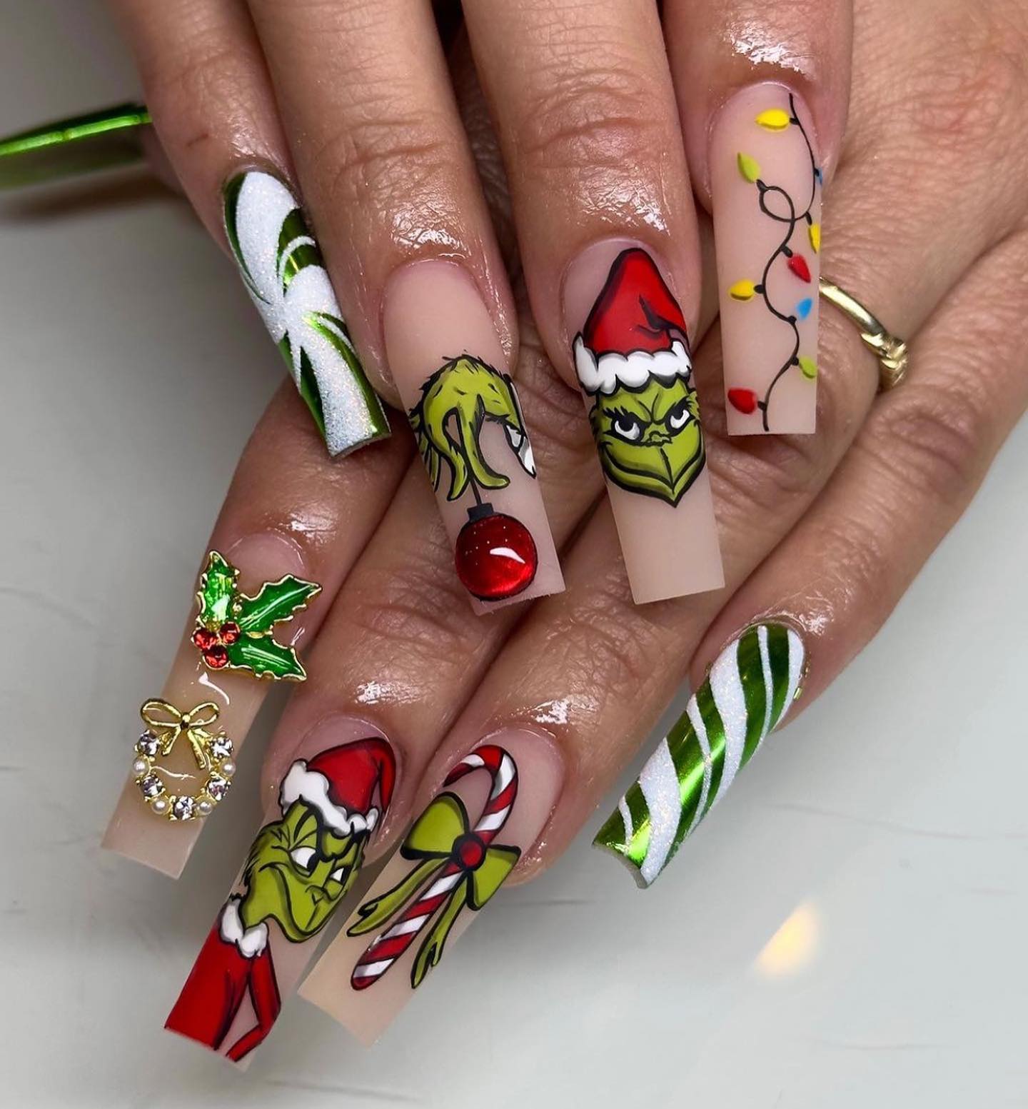 Grinch Christmas Nail Art with Festive Accents