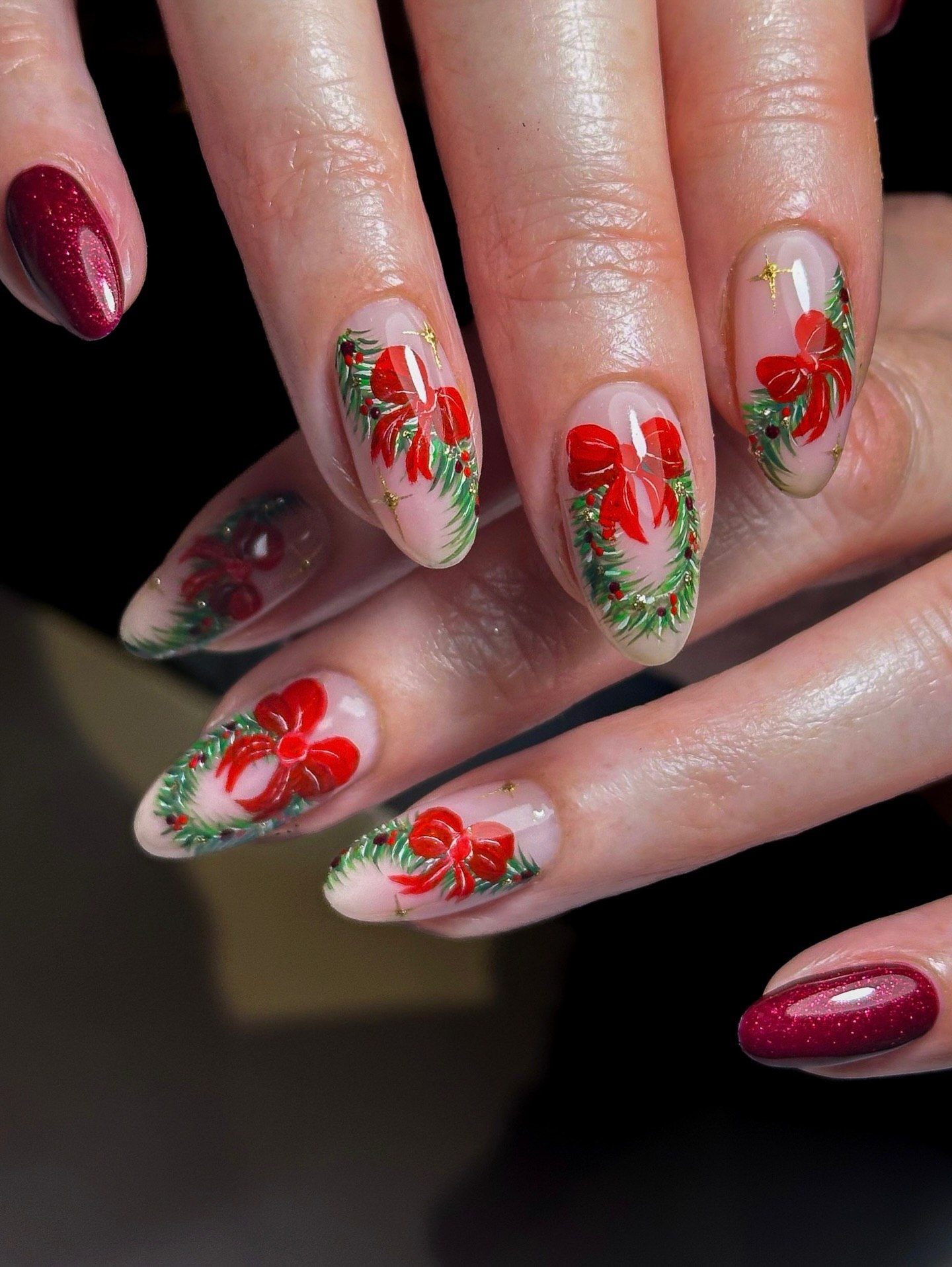 Festive Red Bow Christmas Wreath Almond Nails