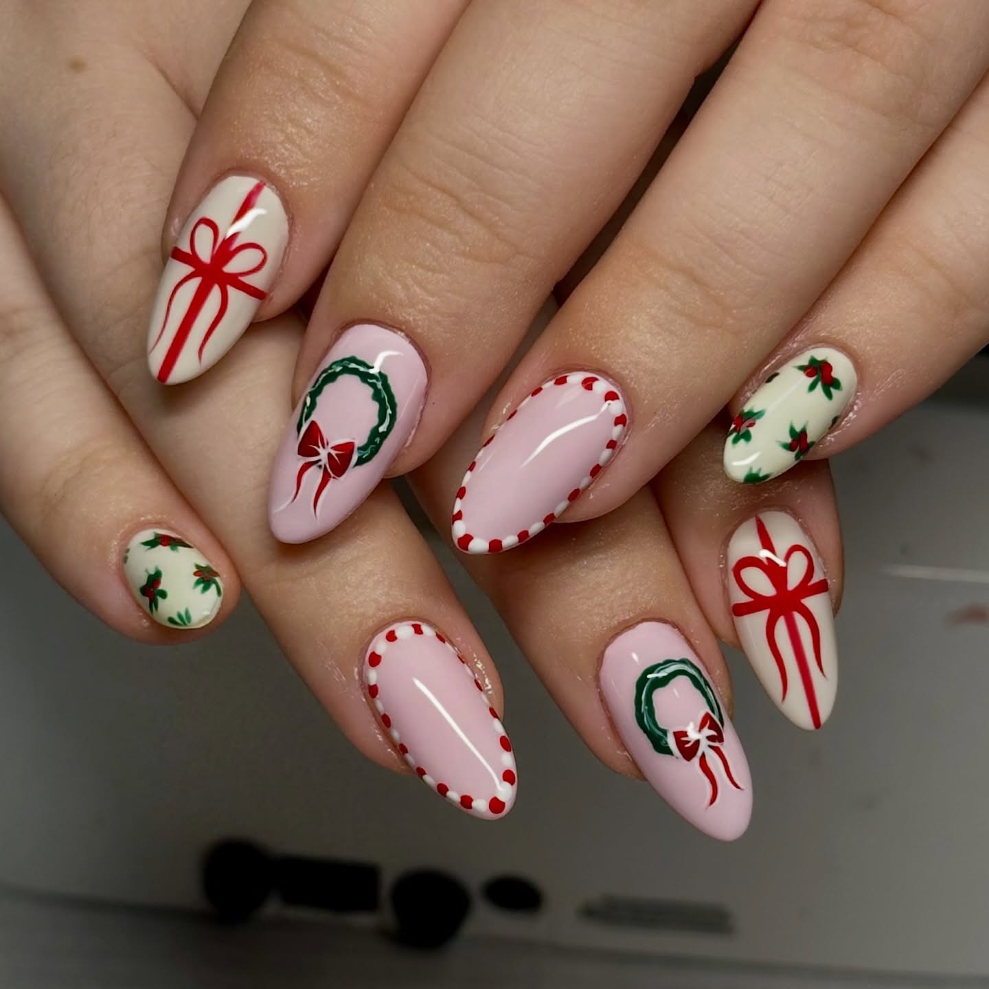 Festive Christmas Gift and Wreath Almond Nails