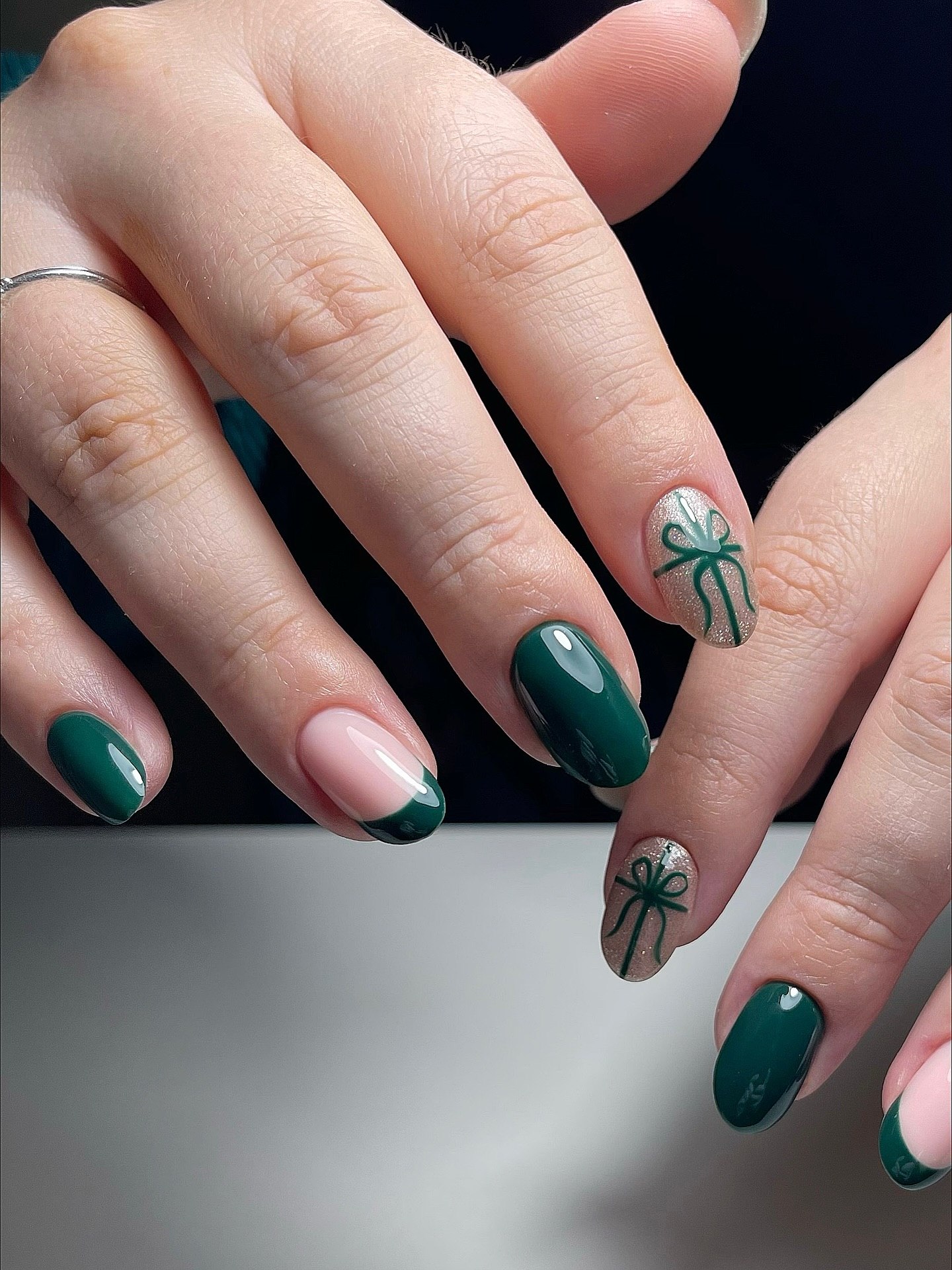 Emerald Green French Bow Accent Nails