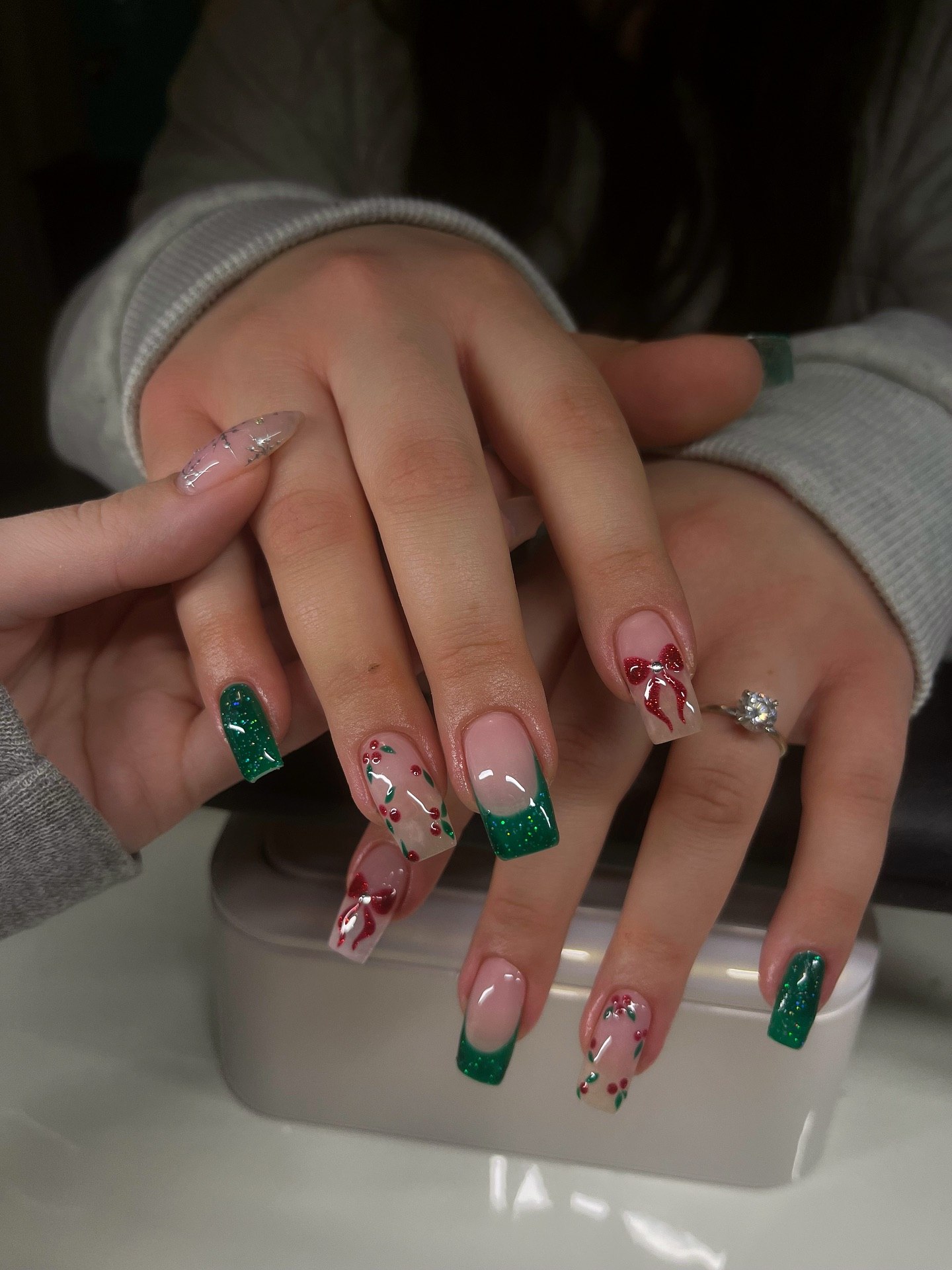 Sparkling Emerald French with Red Bow Accents