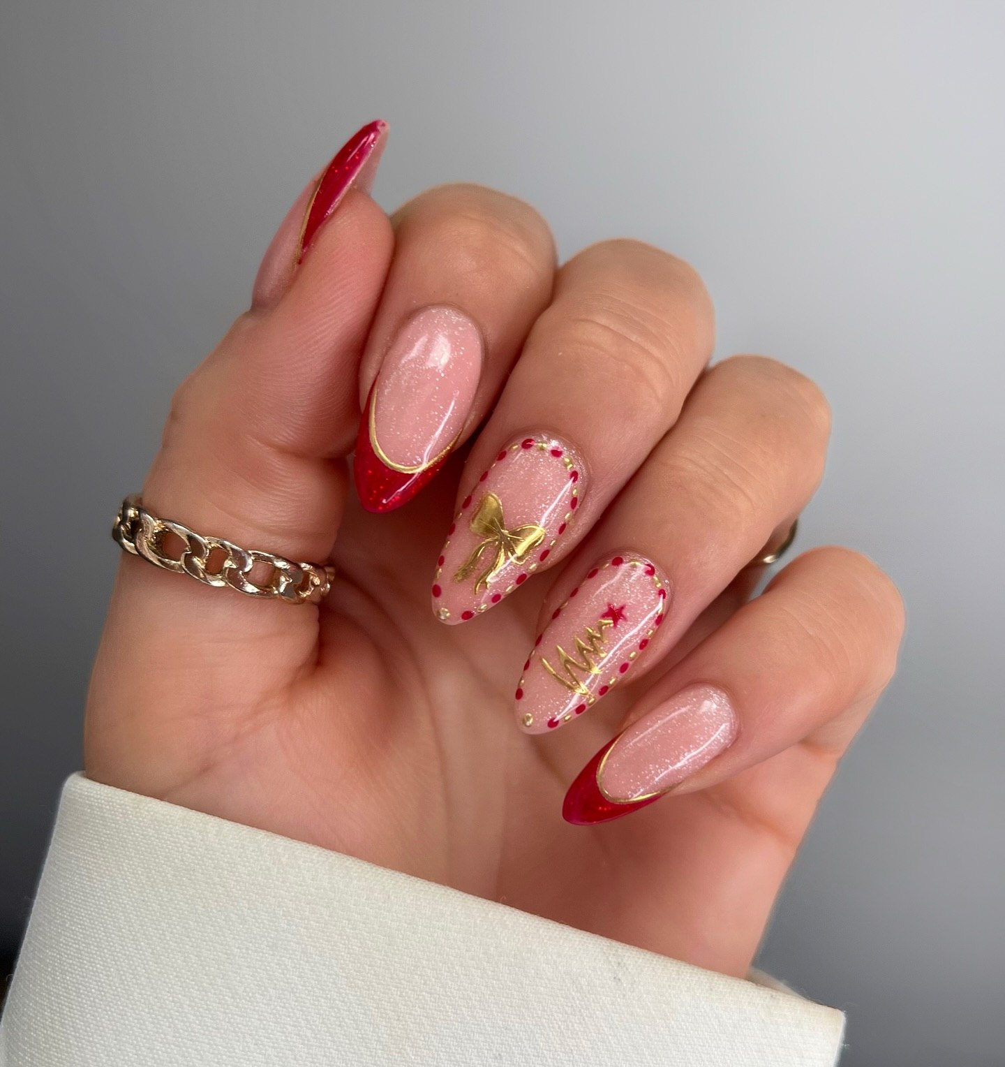 Classic Red French Tip Christmas Bow Nails