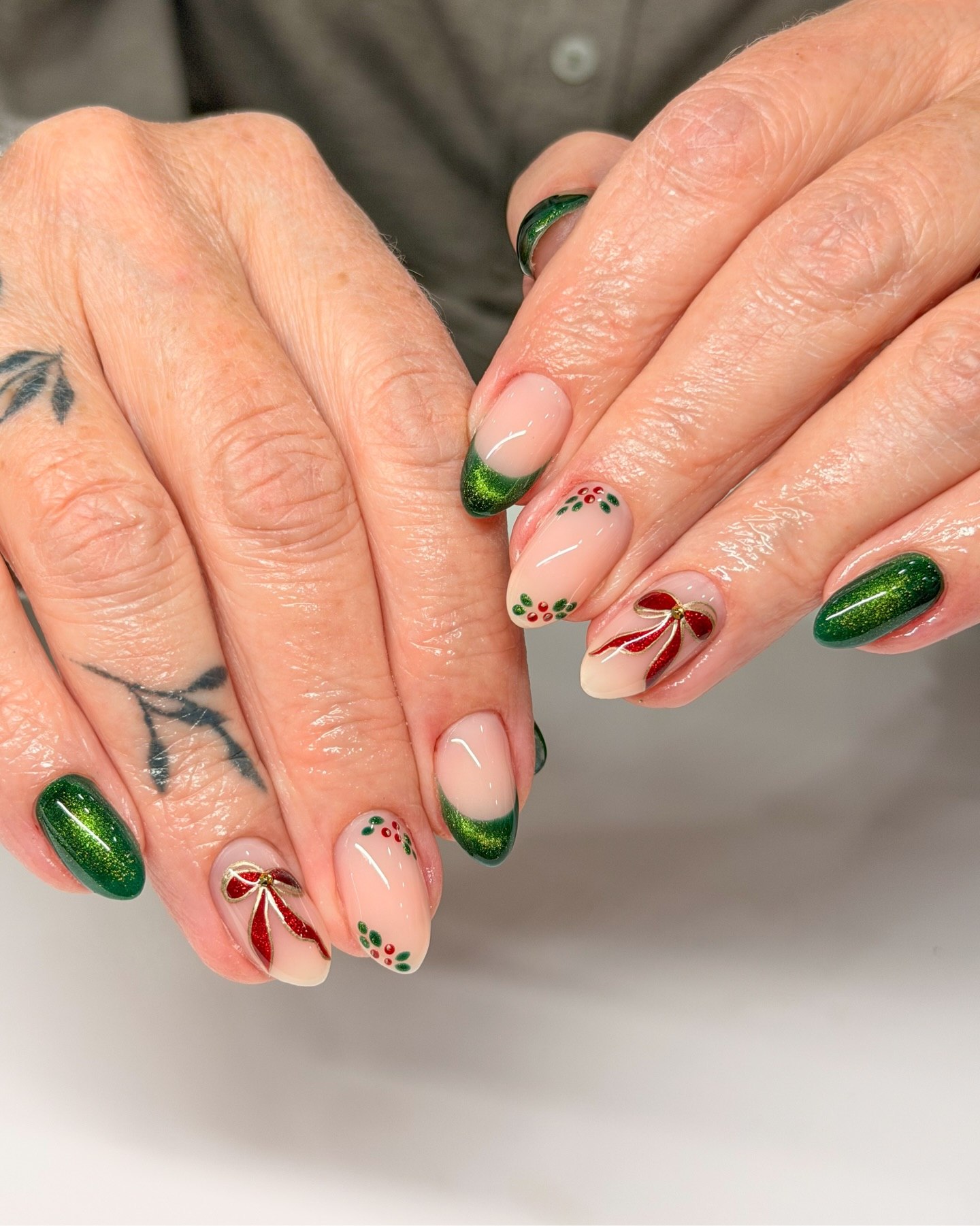 Sparkling Emerald French Christmas Bow Nails