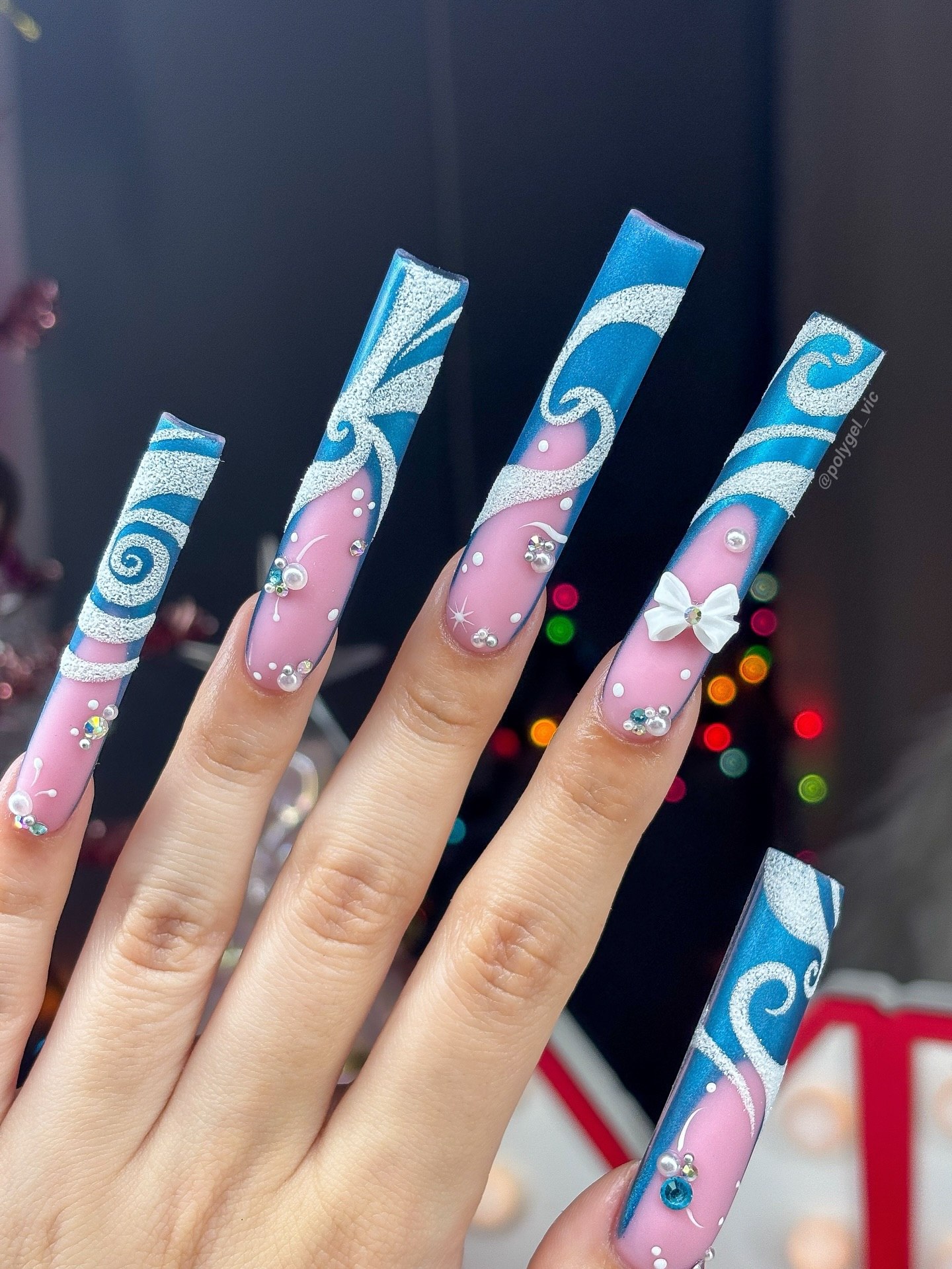 Whimsical Pink & Blue Winter Swirl Long Nails