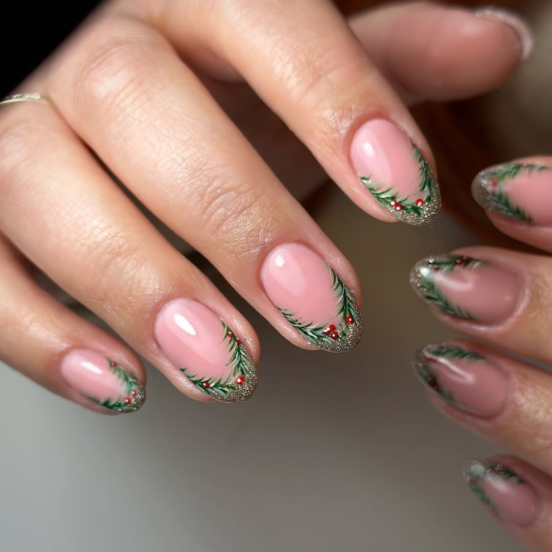 Festive Pine & Berry French Tip Nails