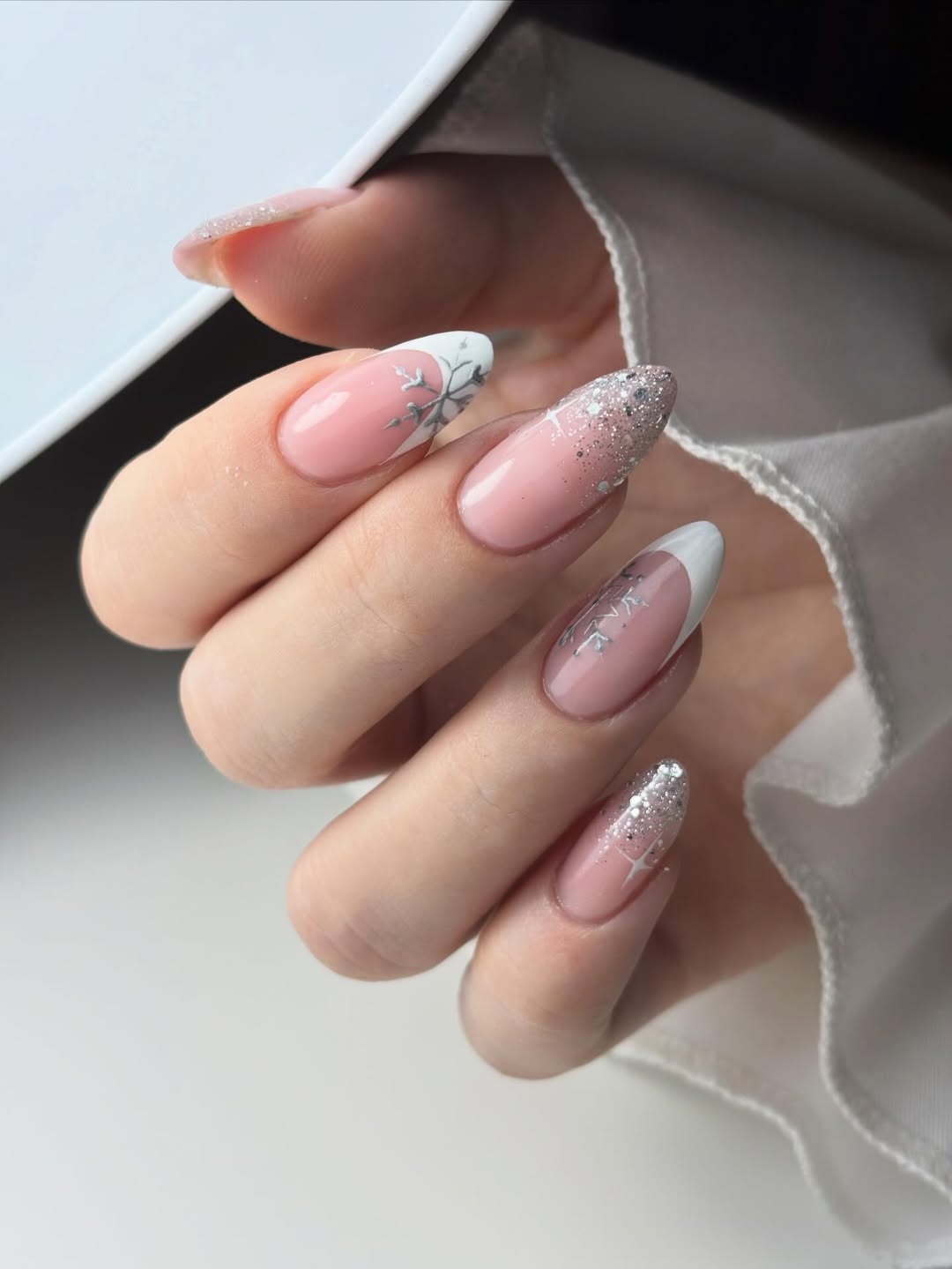 Winter Snowflake French Tip Almond Nails